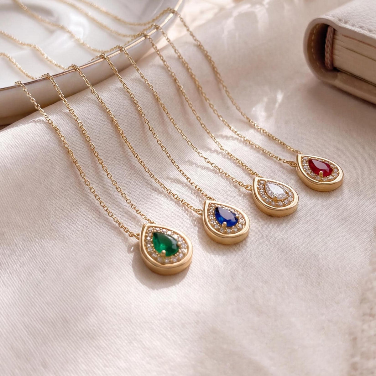 Sapphire Pear Shape & Diamond Halo Dainty Bezel 14K Solid Gold Pendant Necklace