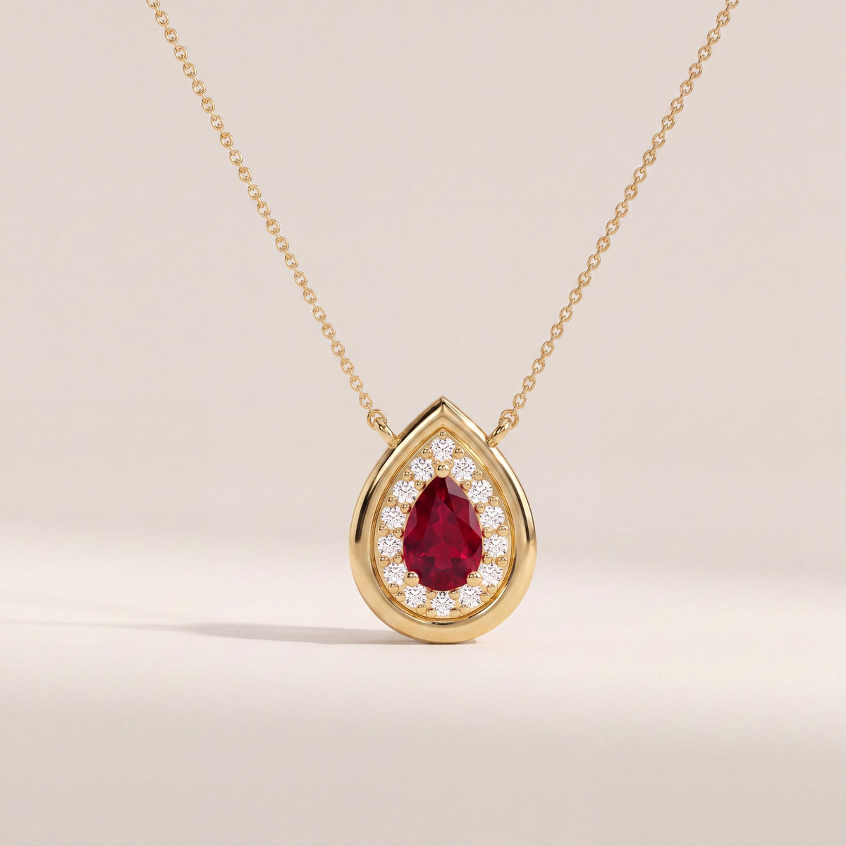 Ruby Pear Shape & Diamond Halo Dainty Bezel 14K Solid Gold Pendant Necklace