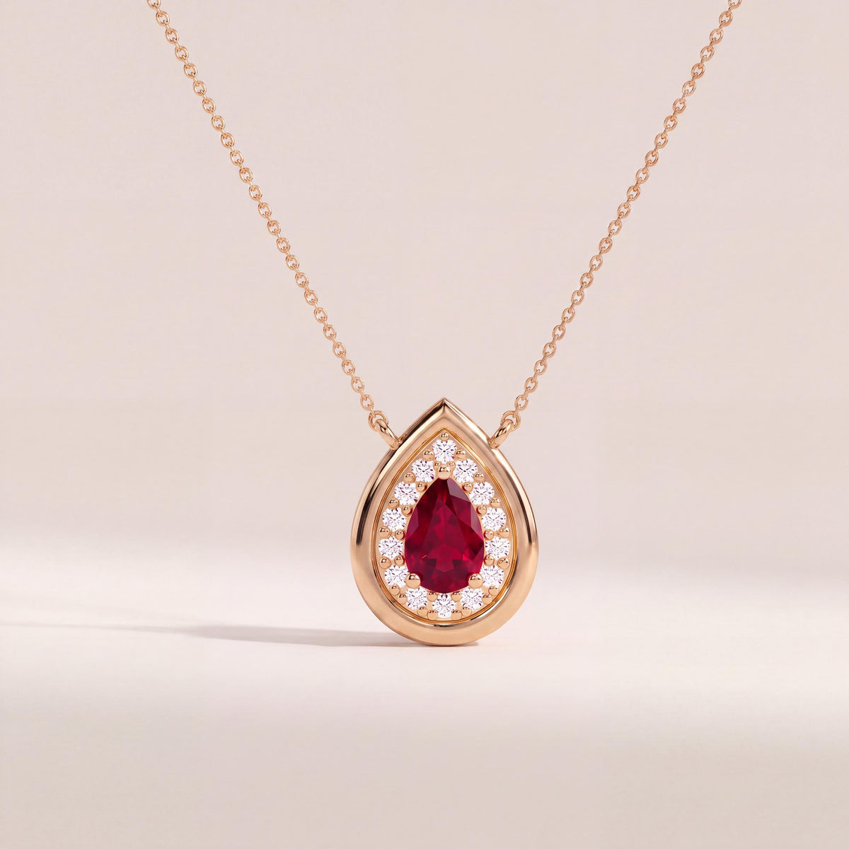 Ruby Pear Shape & Diamond Halo Dainty Bezel 14K Solid Gold Pendant Necklace