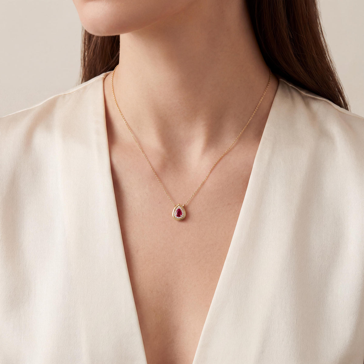 Ruby Pear Shape & Diamond Halo Dainty Bezel 14K Solid Gold Pendant Necklace