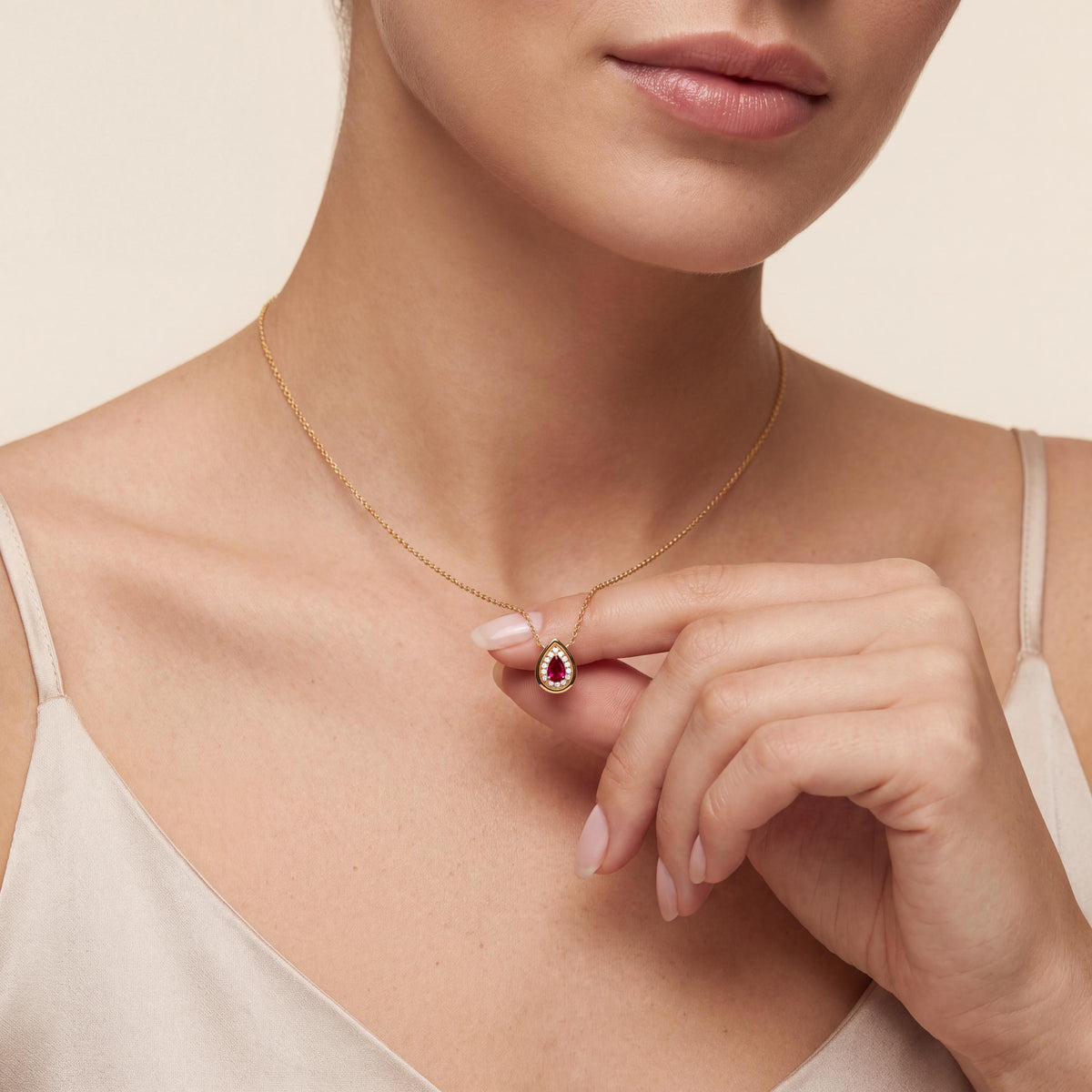 Ruby Pear Shape & Diamond Halo Dainty Bezel 14K Solid Gold Pendant Necklace