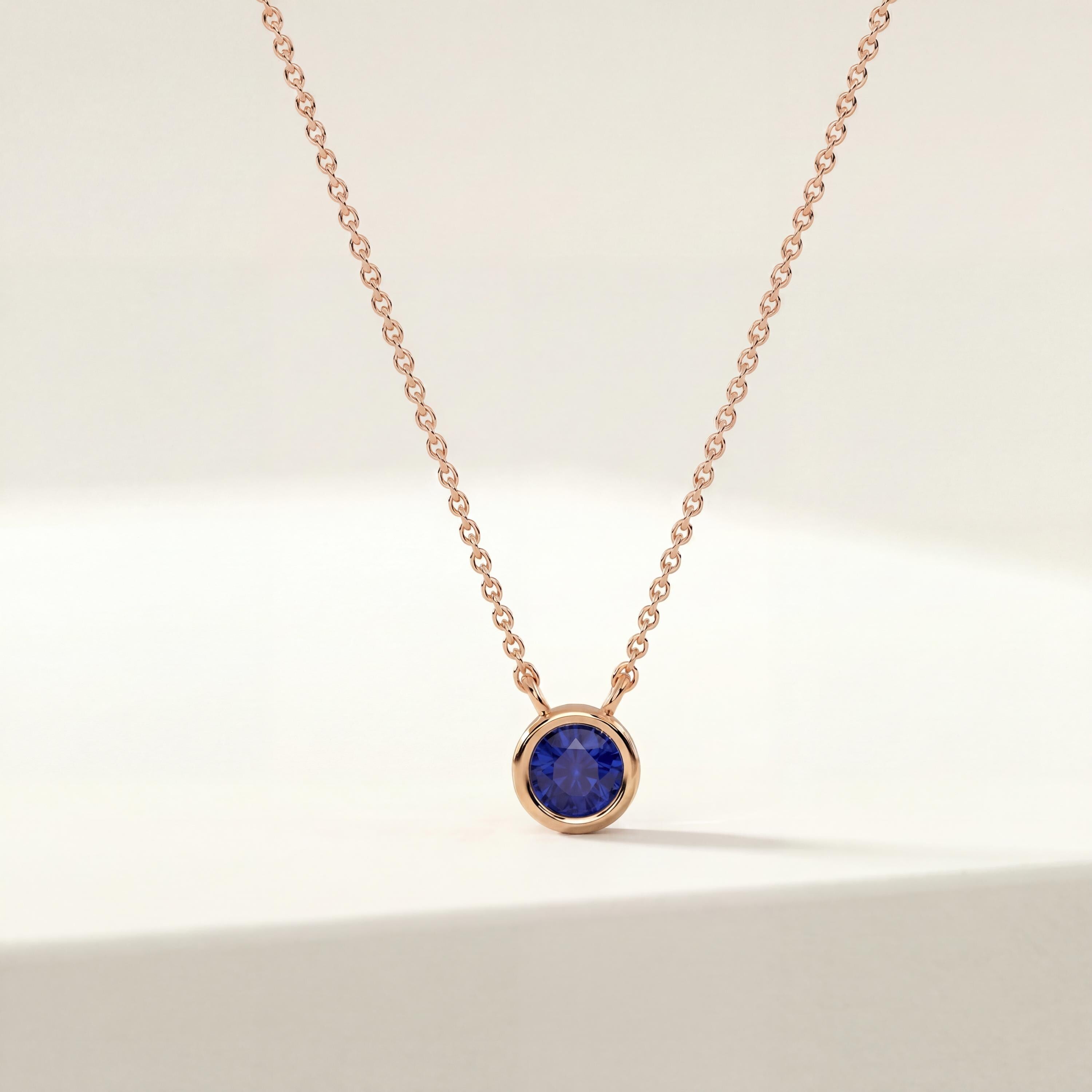 Round Sapphire Bezel Set Solitaire 14K Solid Gold Pendant Necklace
