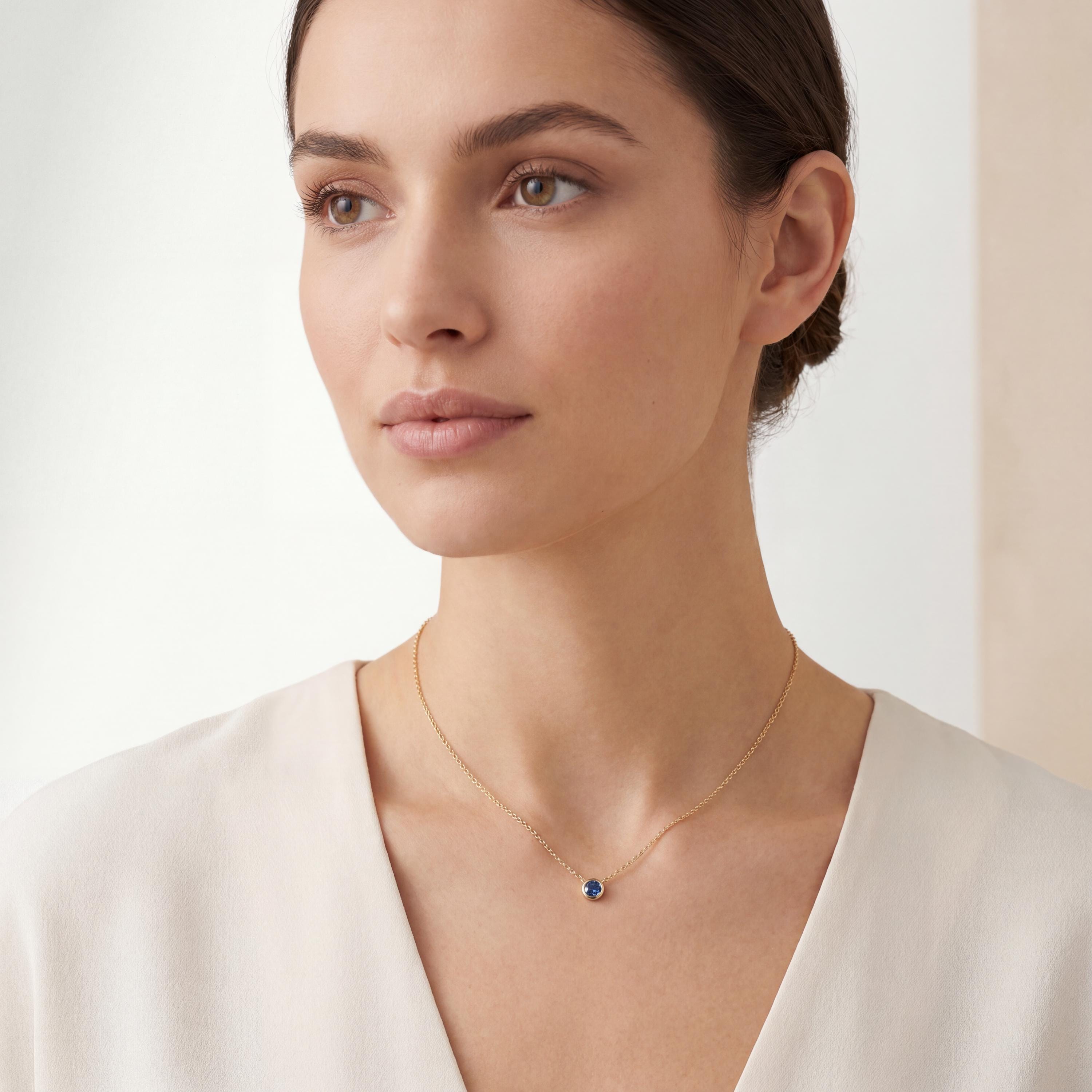 Round Sapphire Bezel Set Solitaire 14K Solid Gold Pendant Necklace