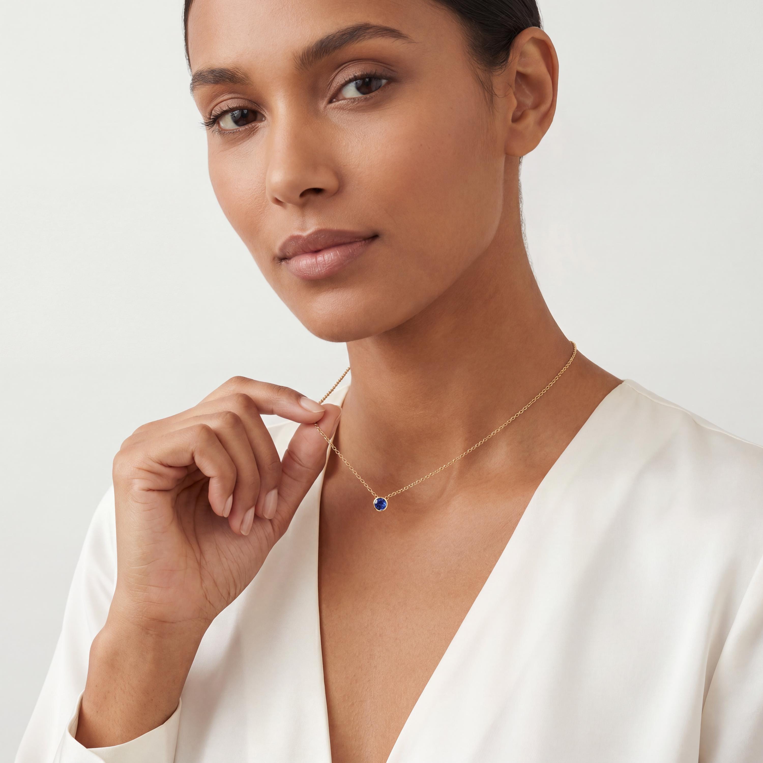Round Sapphire Bezel Set Solitaire 14K Solid Gold Pendant Necklace