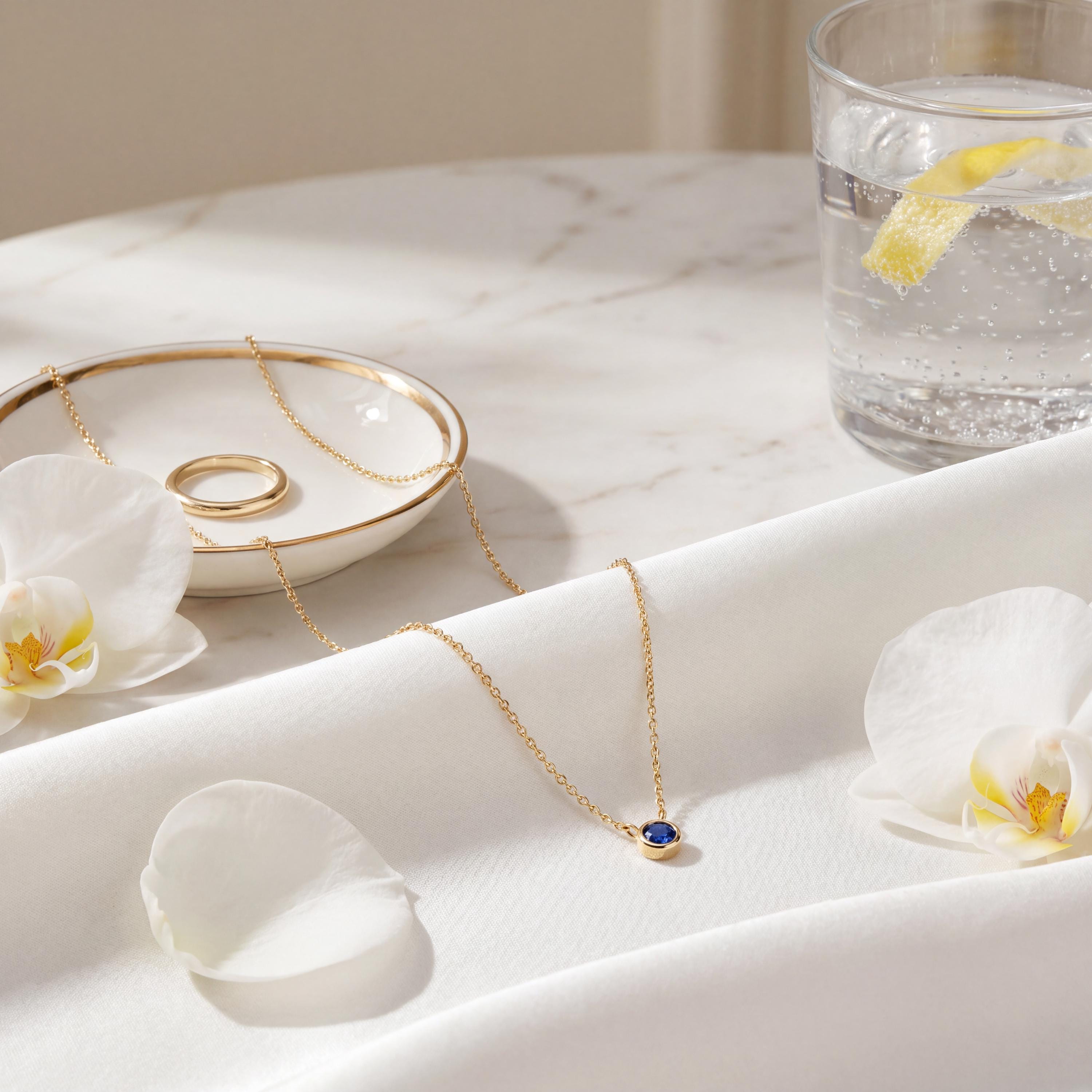 Round Sapphire Bezel Set Solitaire 14K Solid Gold Pendant Necklace