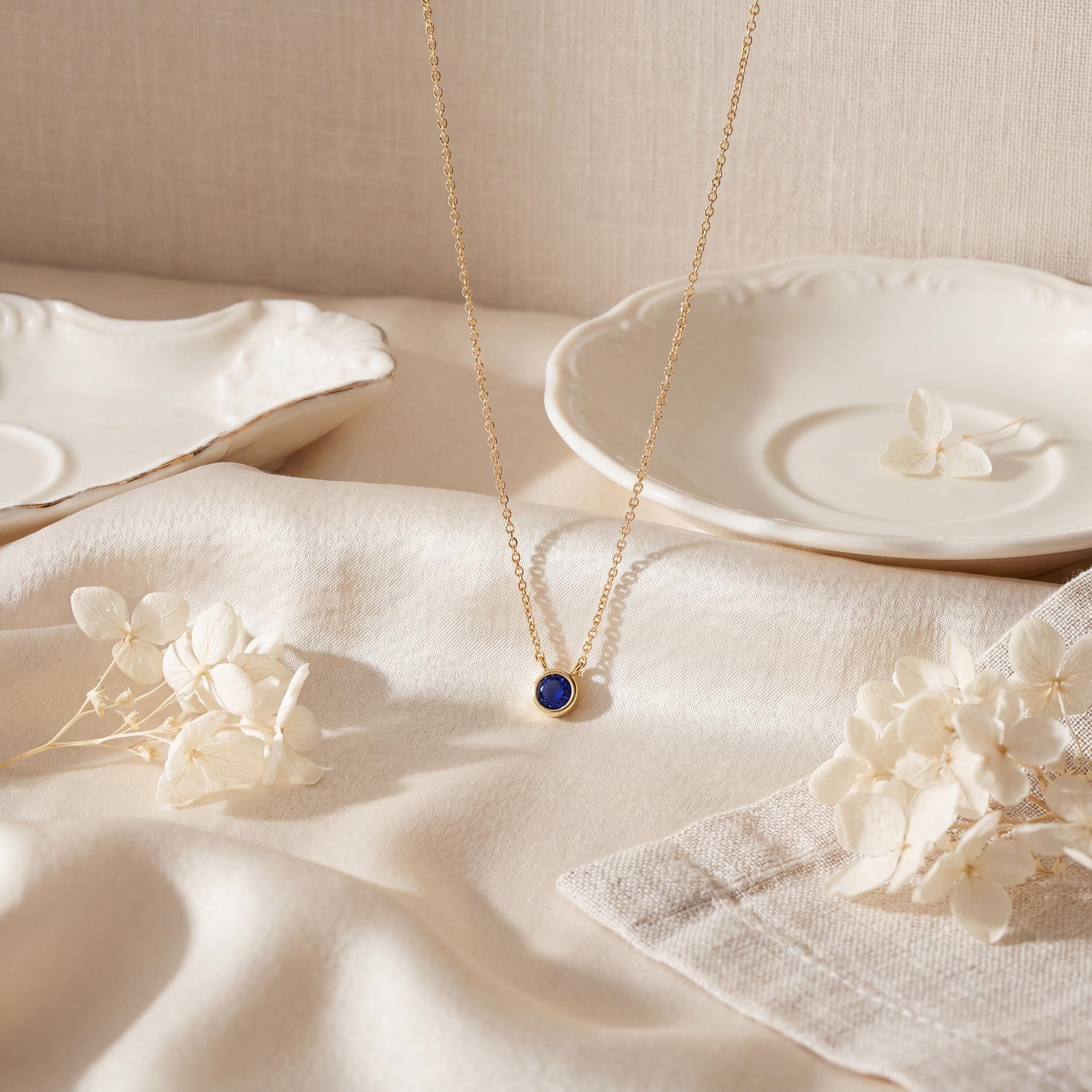 Round Sapphire Bezel Set Solitaire 14K Solid Gold Pendant Necklace