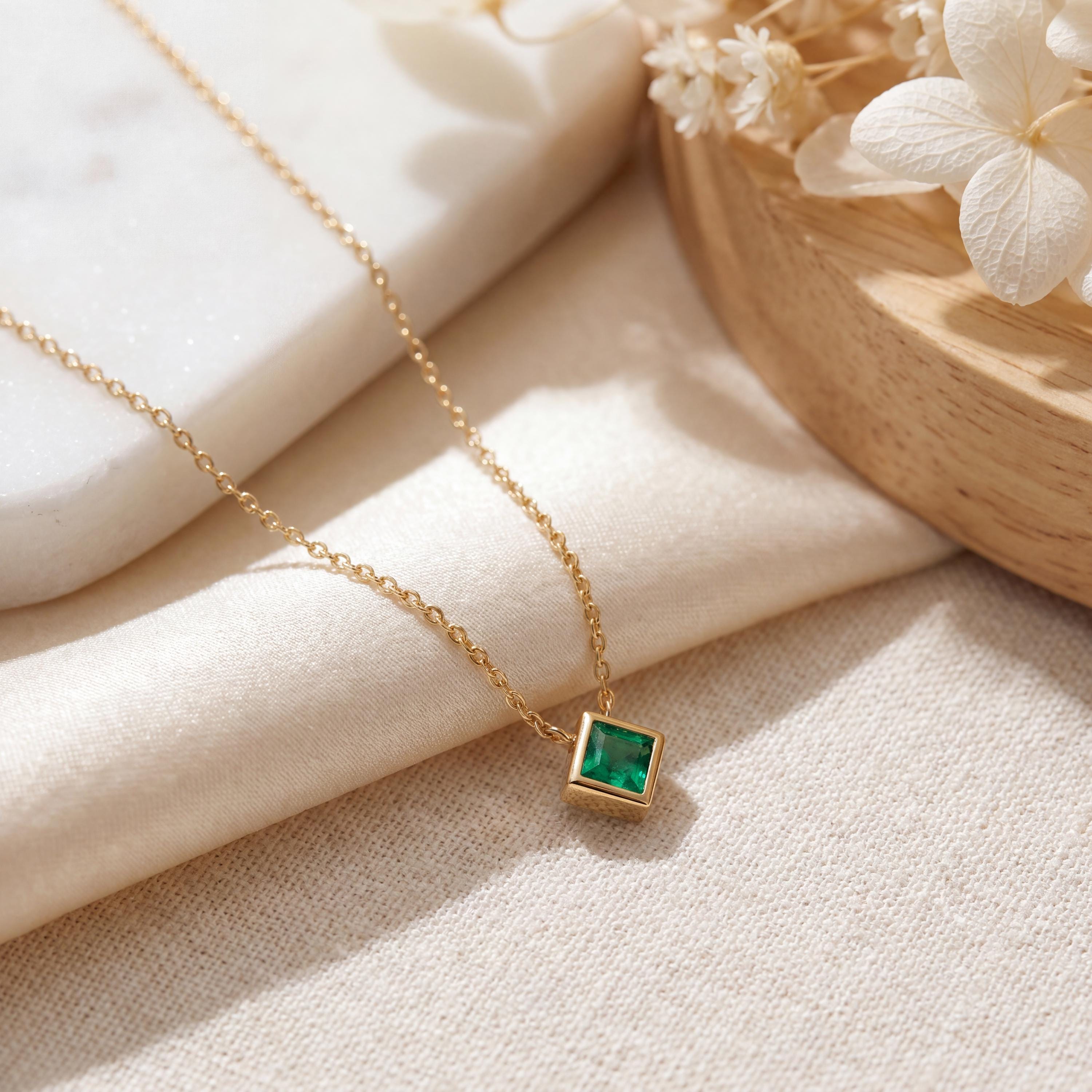 Princess Cut Emerald Bezel Set Solitaire 14K Solid Gold Pendant Necklace