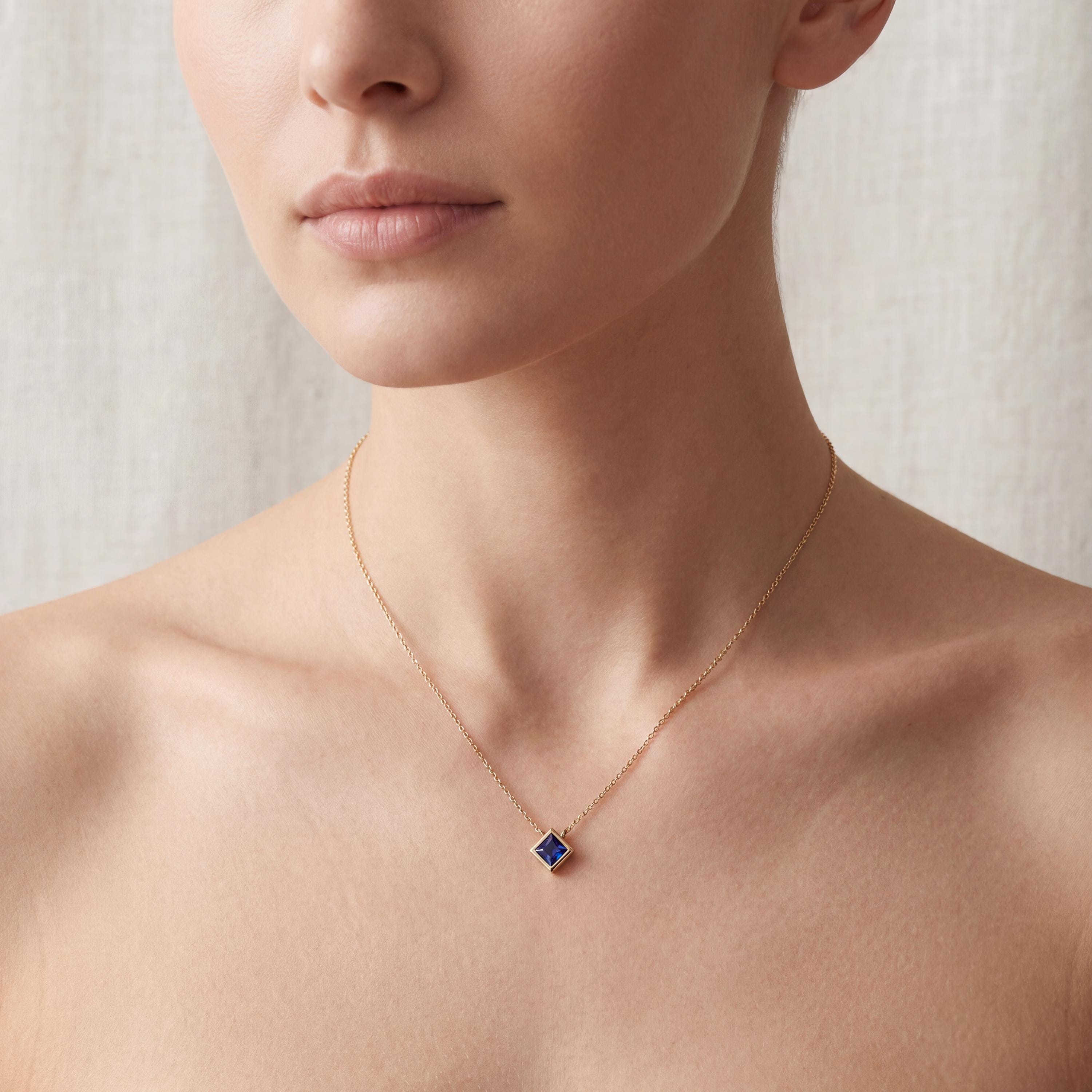 Princess Cut Sapphire Bezel Set Solitaire 14K Solid Gold Pendant Necklace