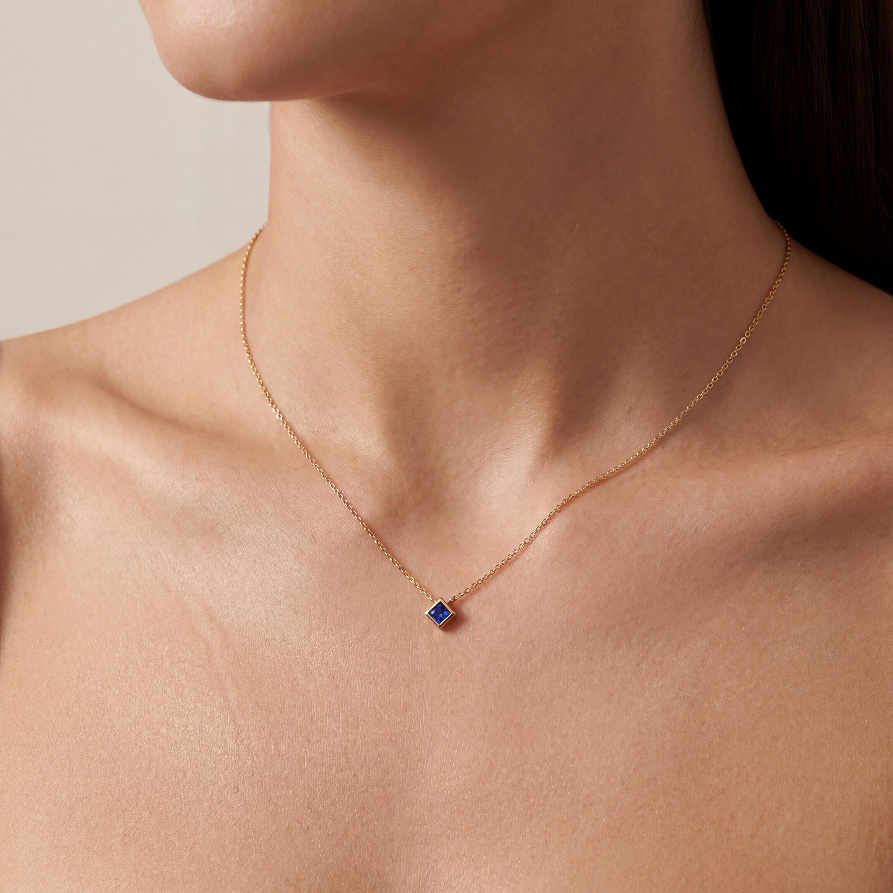 Princess Cut Sapphire Bezel Set Solitaire 14K Solid Gold Pendant Necklace
