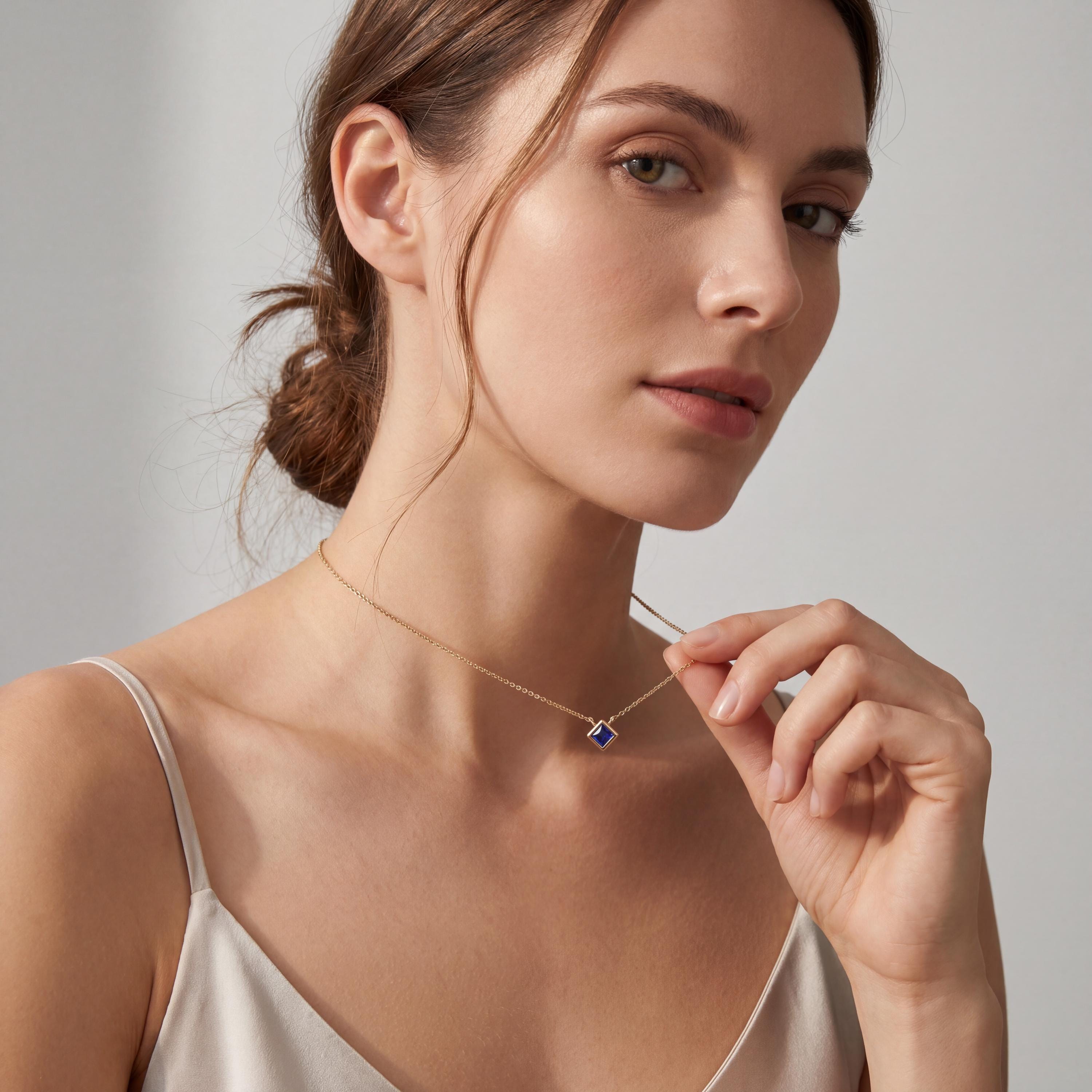 Princess Cut Sapphire Bezel Set Solitaire 14K Solid Gold Pendant Necklace