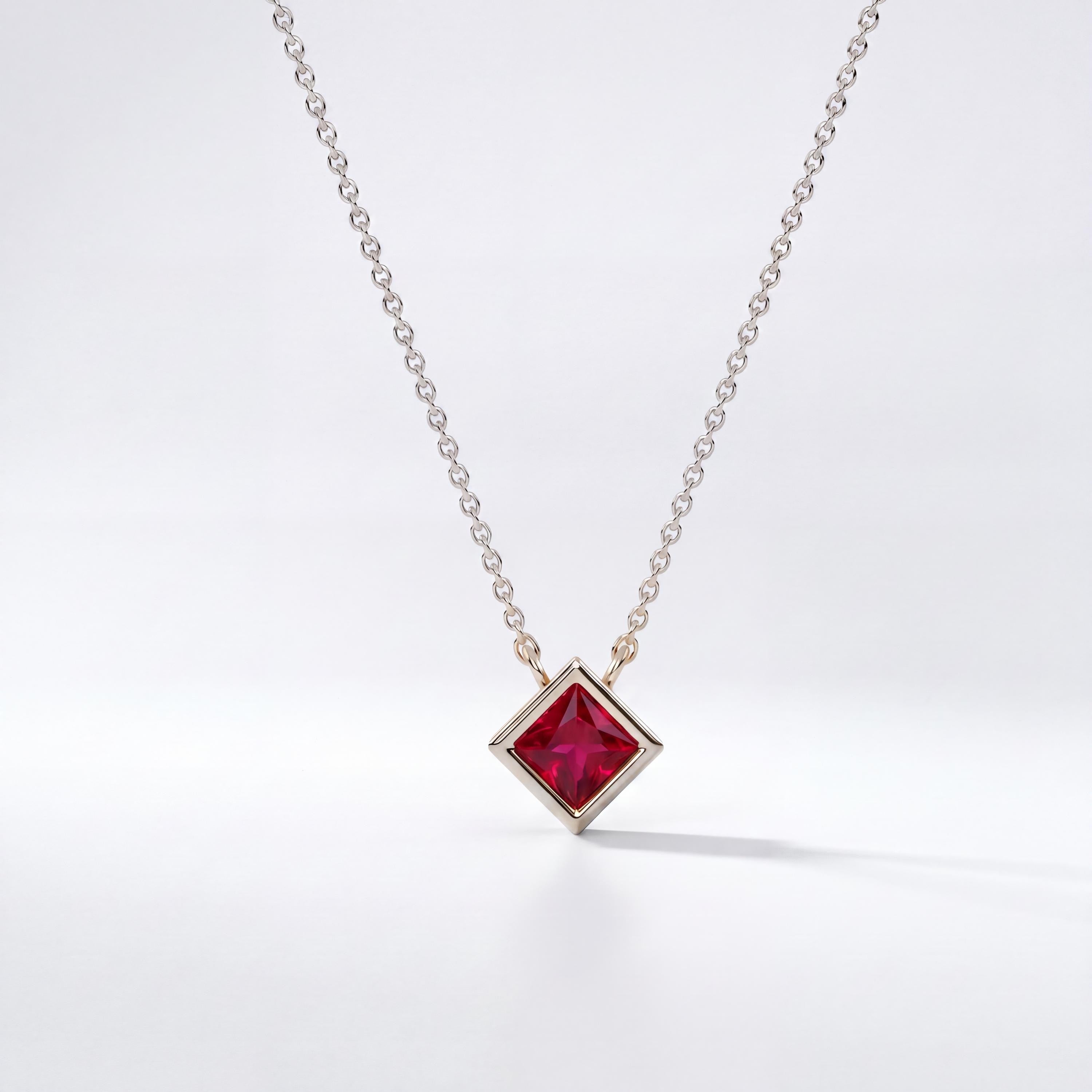 Princess Cut Ruby Bezel Set Solitaire 14K Solid Gold Pendant Necklace