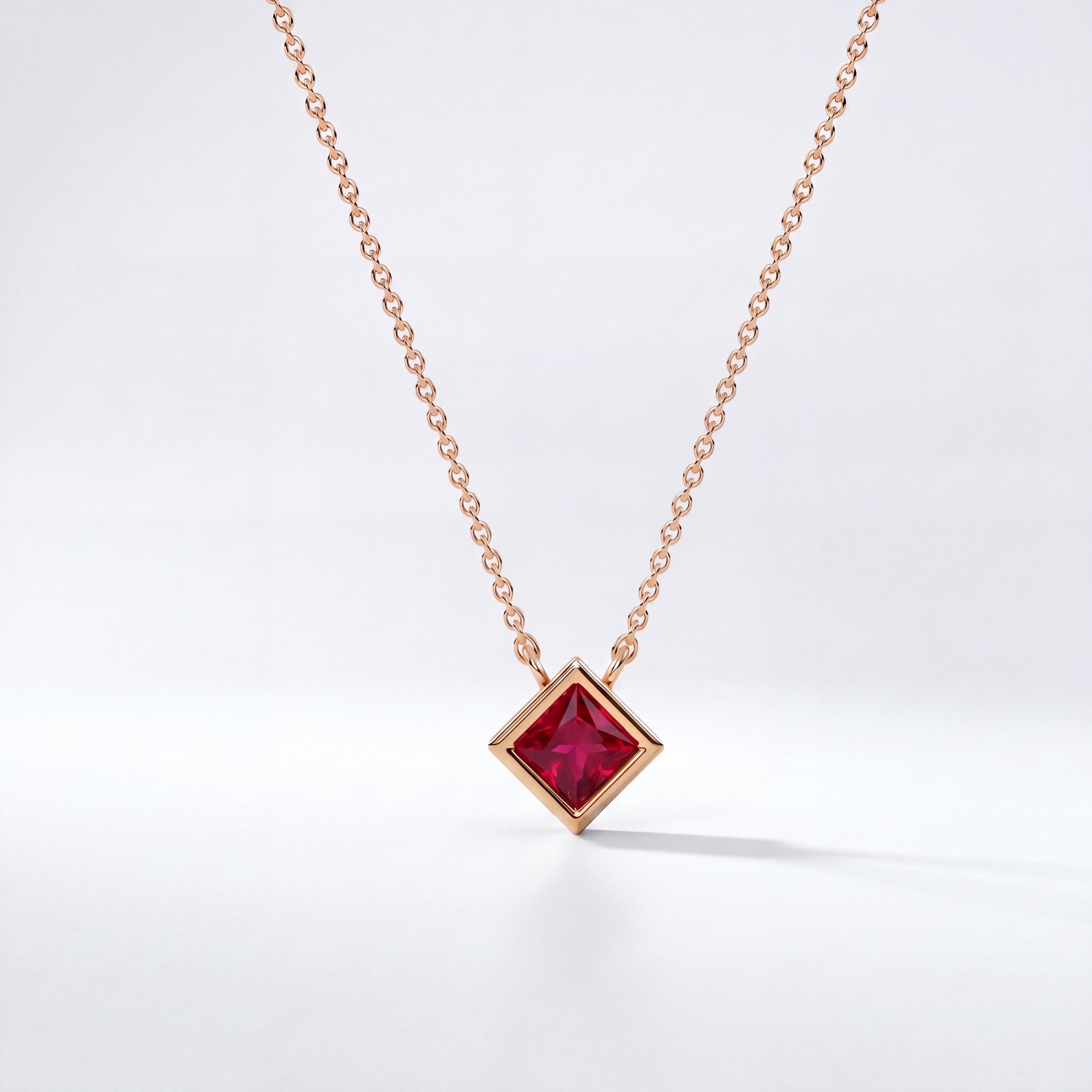 Princess Cut Ruby Bezel Set Solitaire 14K Solid Gold Pendant Necklace
