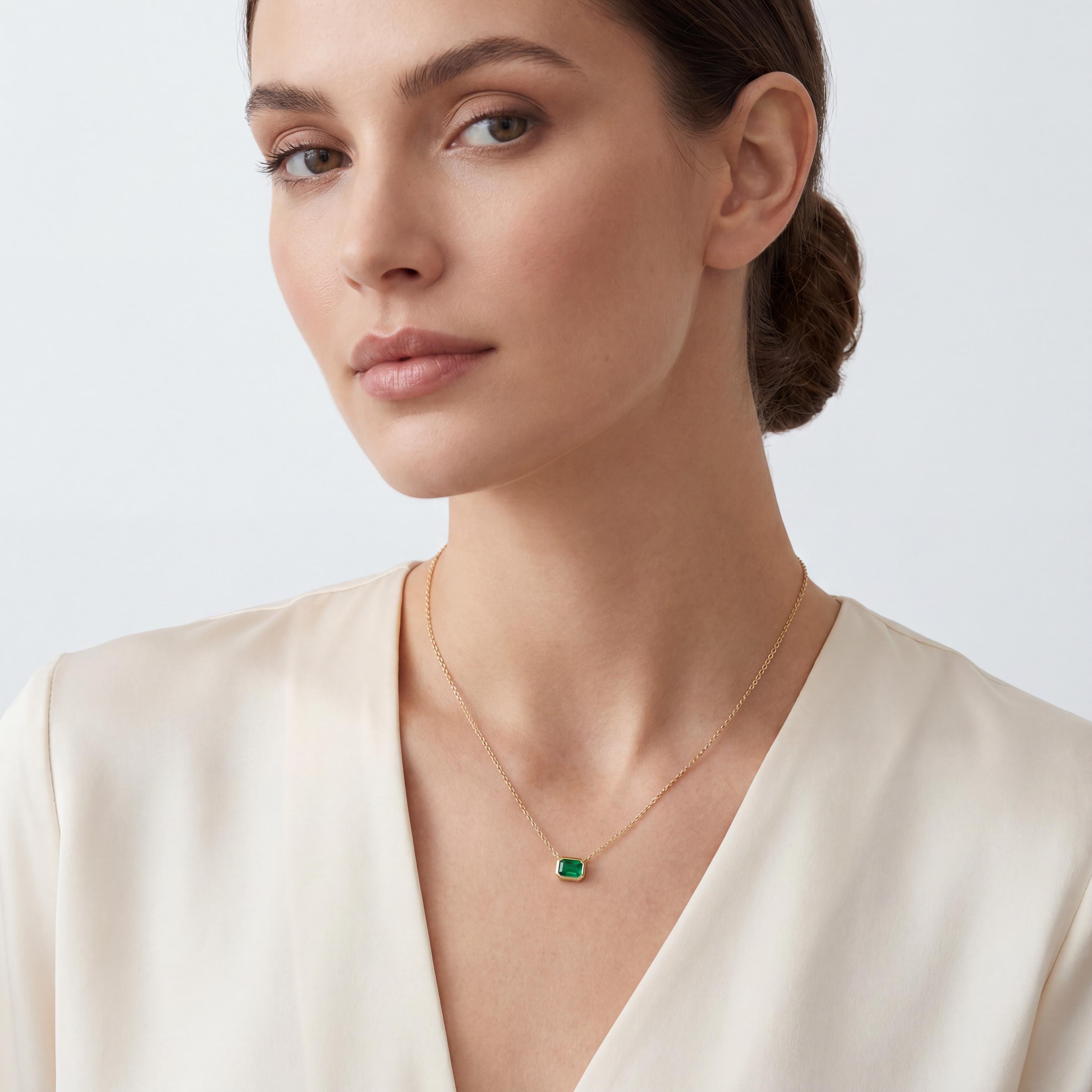 Emerald Bezel Set Emerald Cut Dainty Solitaire 14K Solid Gold Pendant Necklace