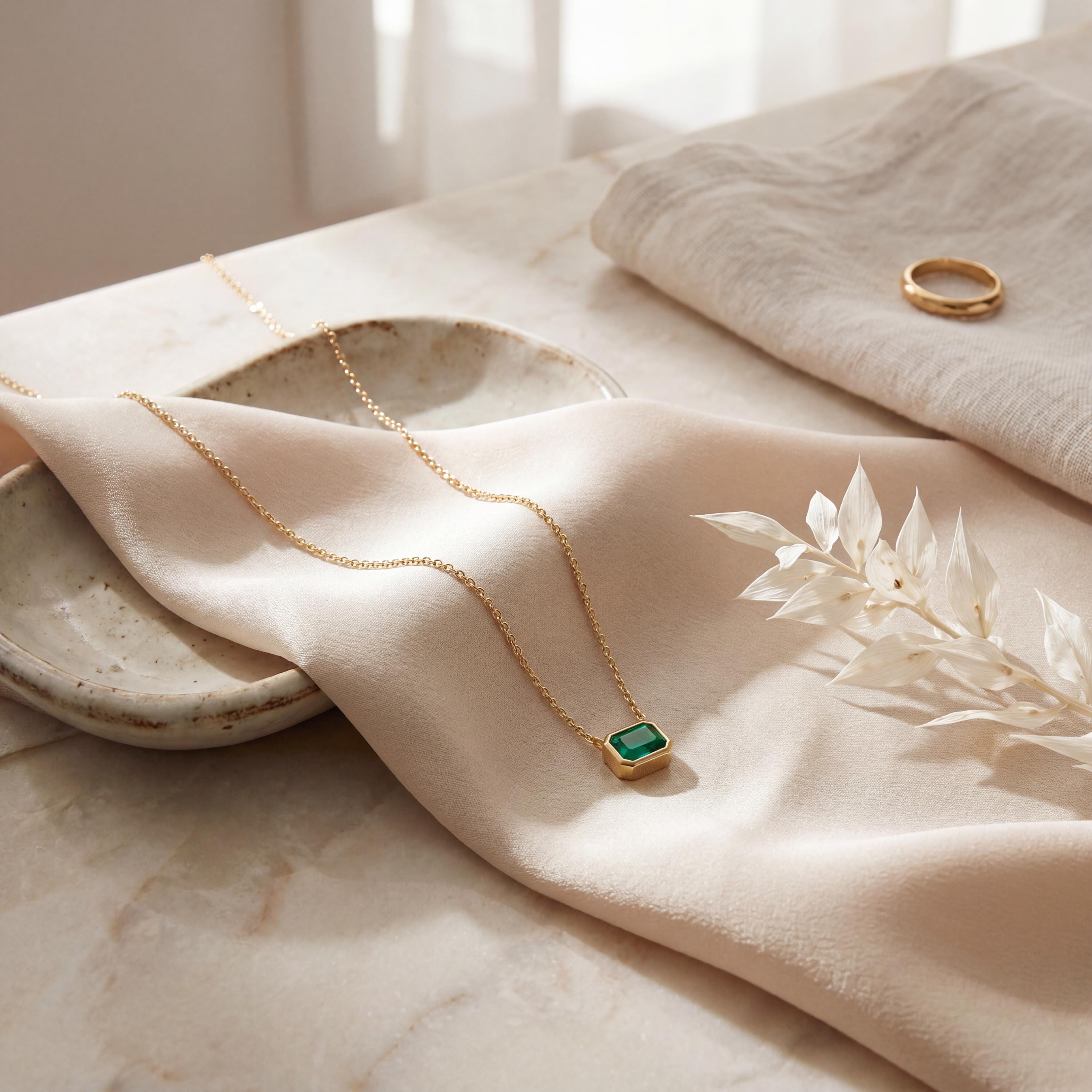 Emerald Bezel Set Emerald Cut Dainty Solitaire 14K Solid Gold Pendant Necklace