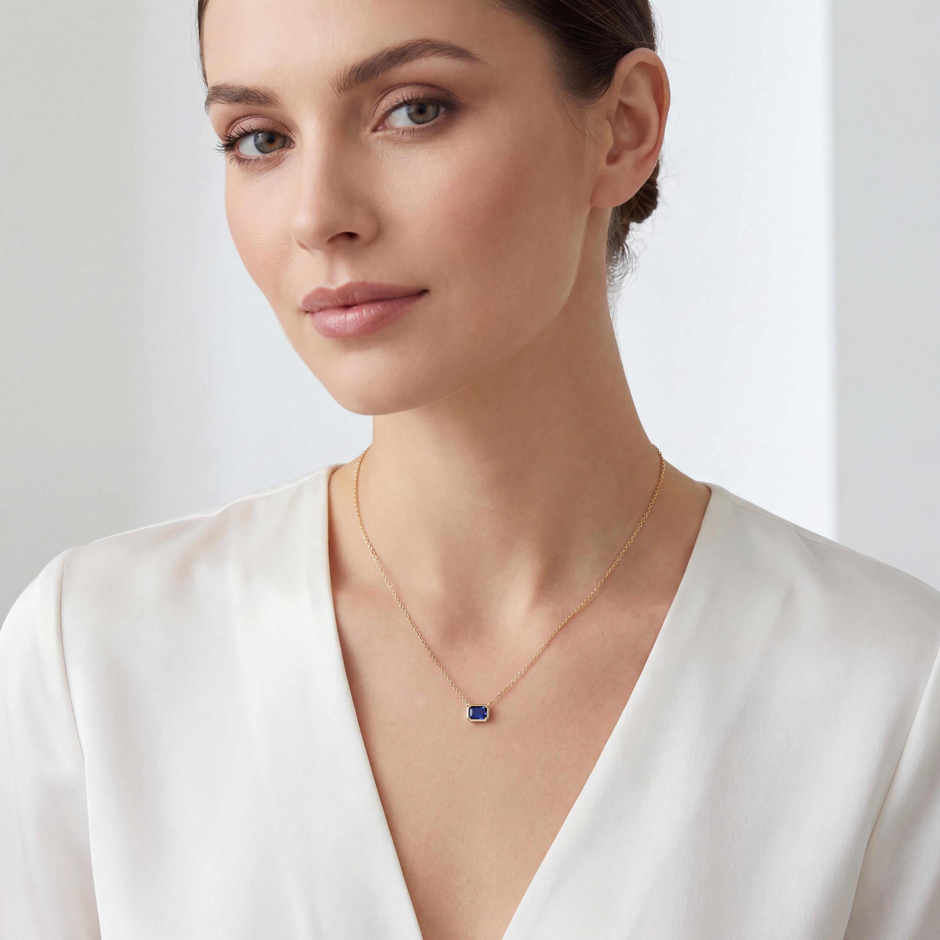 Emerald Cut Sapphire Bezel Set Dainty Solitaire 14K Solid Gold Pendant Necklace