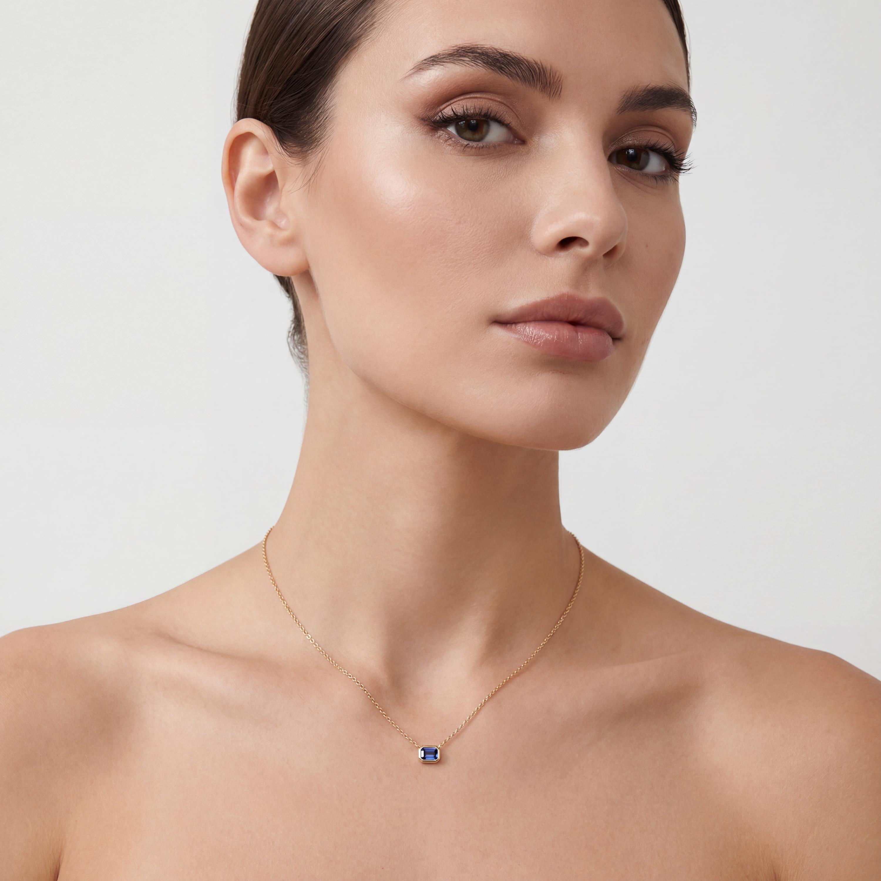 Emerald Cut Sapphire Bezel Set Dainty Solitaire 14K Solid Gold Pendant Necklace