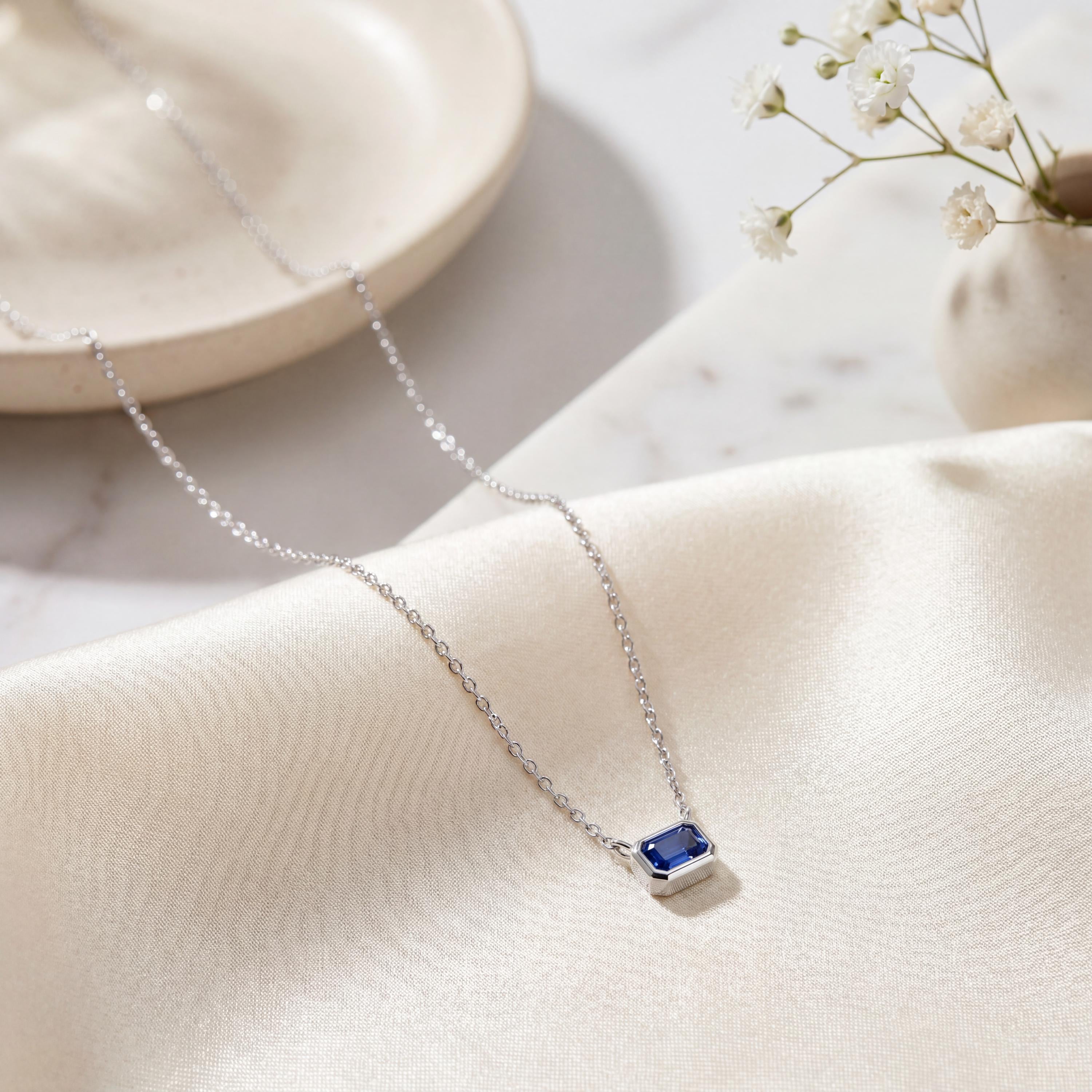 Emerald Cut Sapphire Bezel Set Dainty Solitaire 14K Solid Gold Pendant Necklace