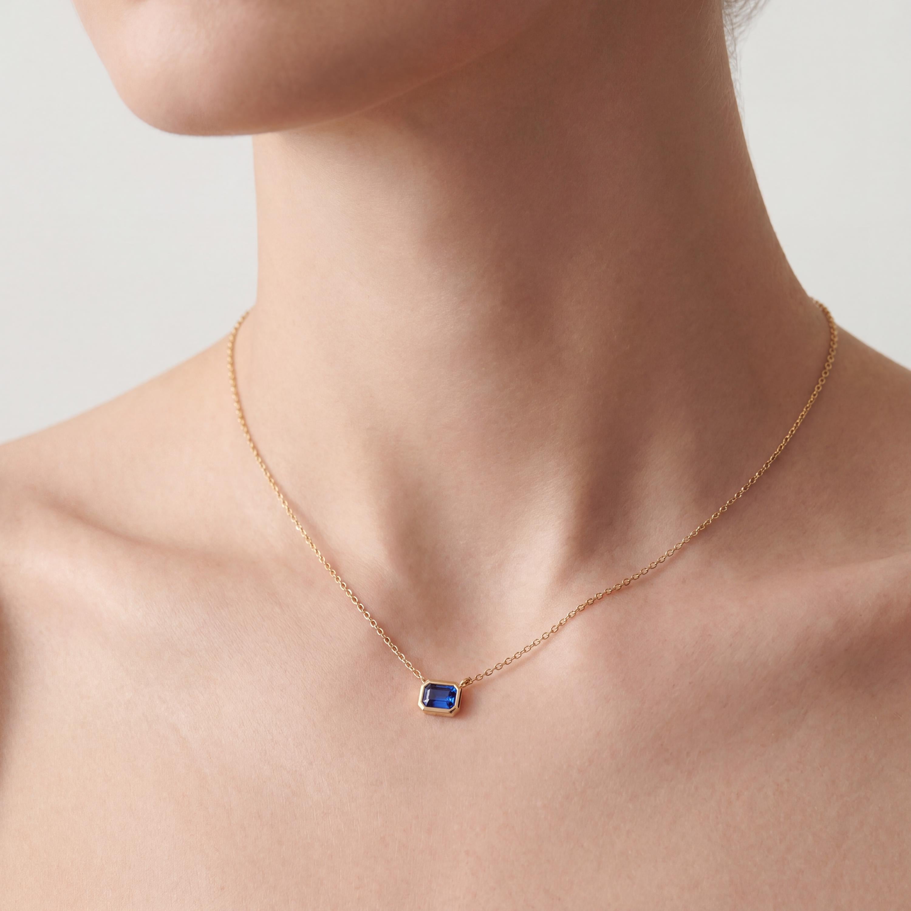 Emerald Cut Sapphire Bezel Set Dainty Solitaire 14K Solid Gold Pendant Necklace