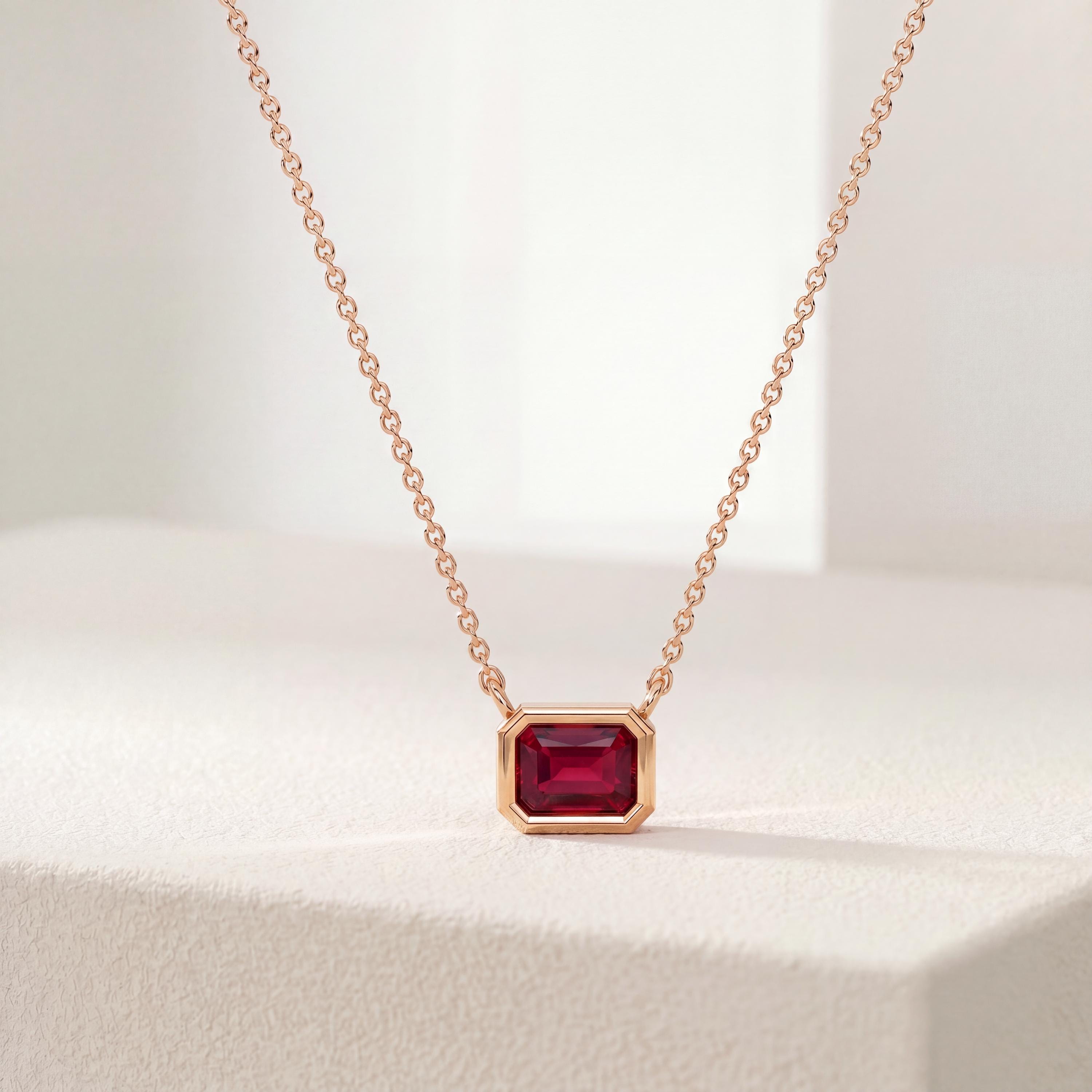 Ruby Bezel Set Emerald Cut Dainty Solitaire 14K Solid Gold Pendant Necklace