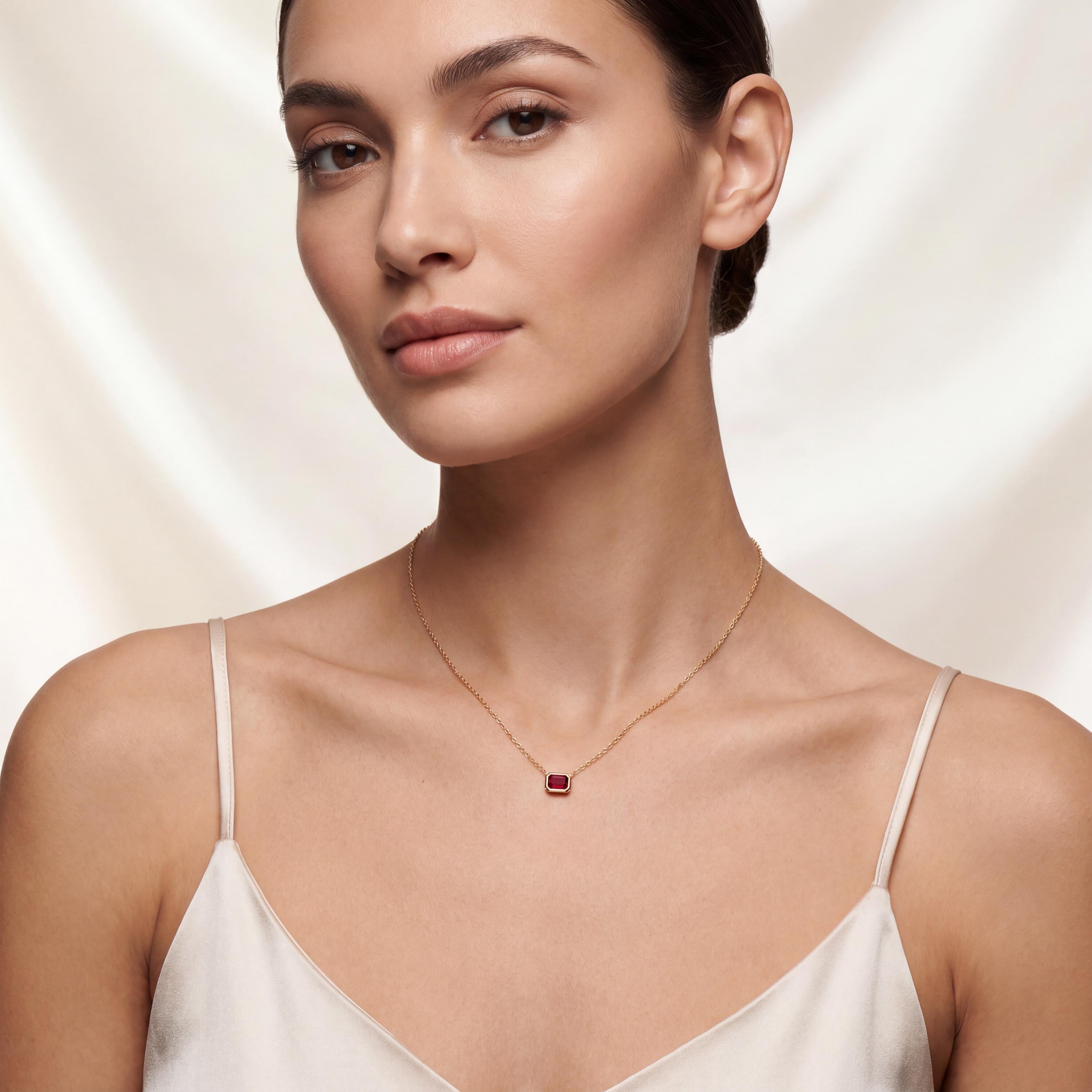 Ruby Bezel Set Emerald Cut Dainty Solitaire 14K Solid Gold Pendant Necklace
