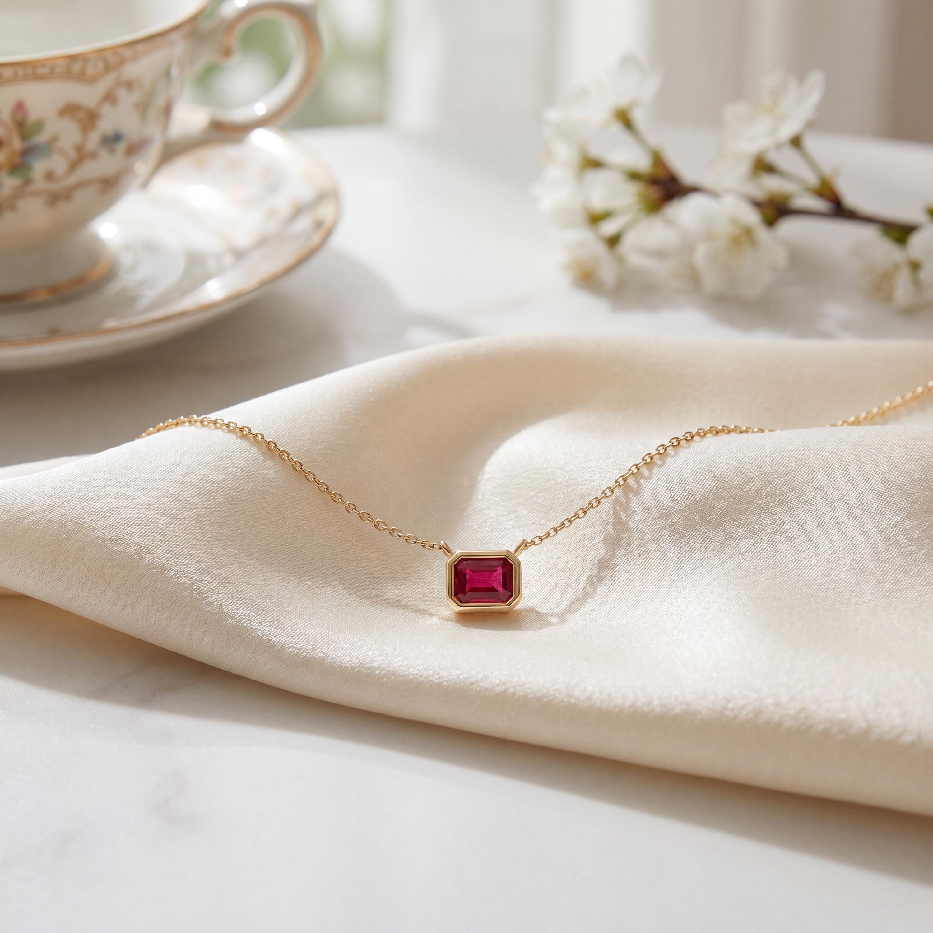 Ruby Bezel Set Emerald Cut Dainty Solitaire 14K Solid Gold Pendant Necklace