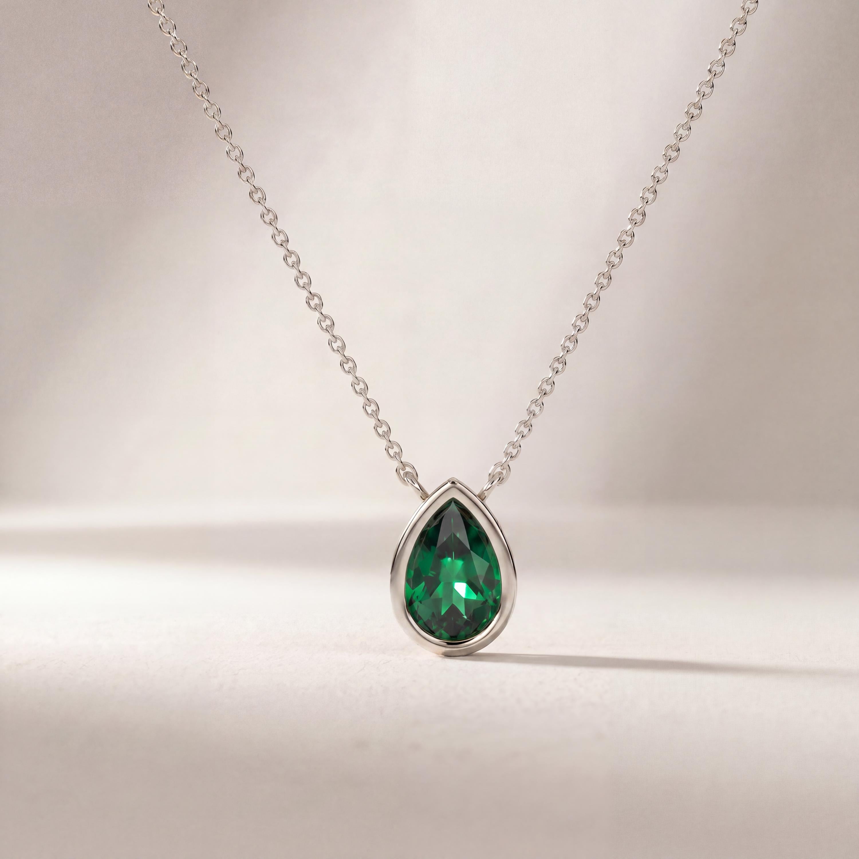 Pear Shape Emerald Bezel Set Dainty Solitaire 14K Solid Gold Pendant Necklace