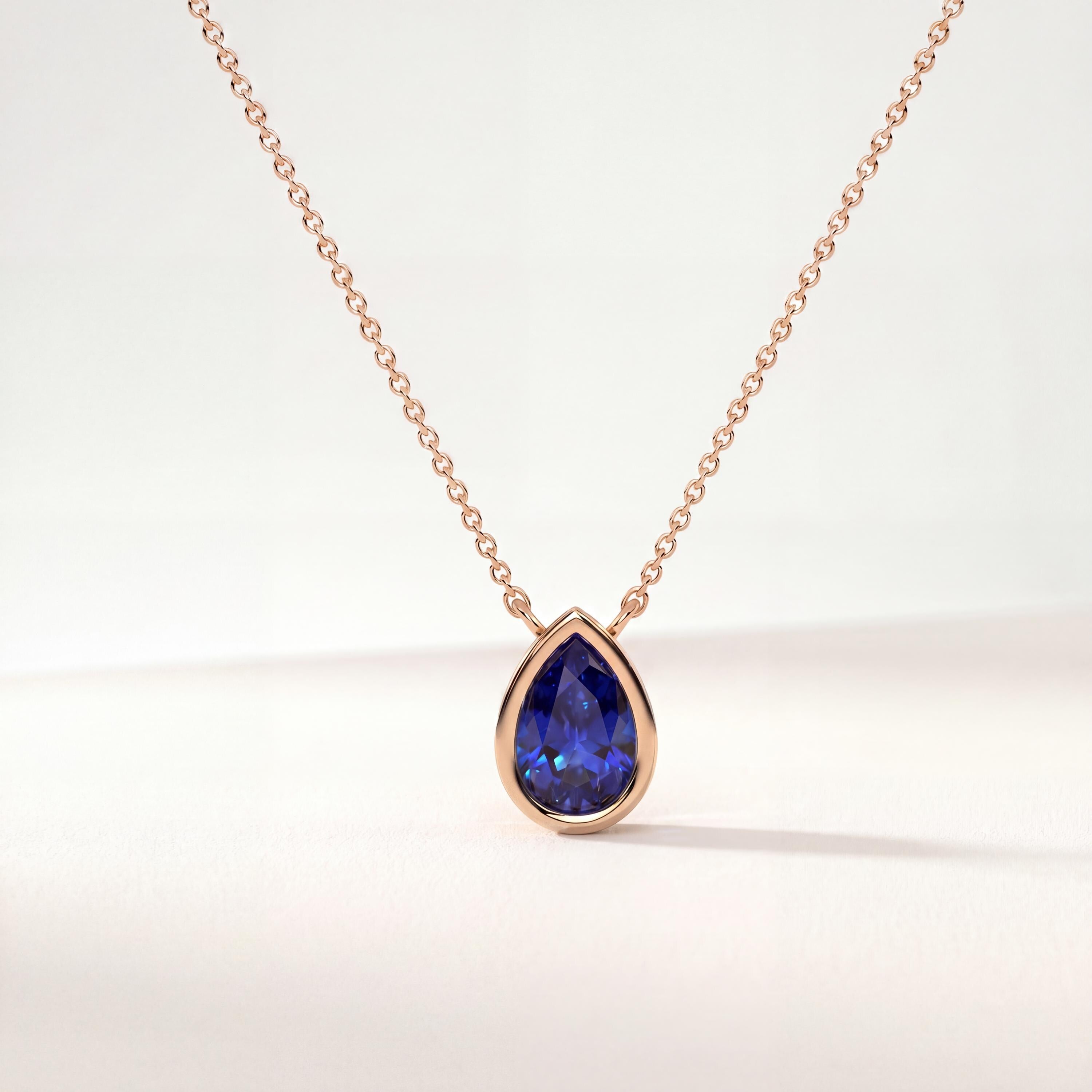Pear Shape Sapphire Bezel Set Dainty Solitaire 14K Solid Gold Pendant Necklace