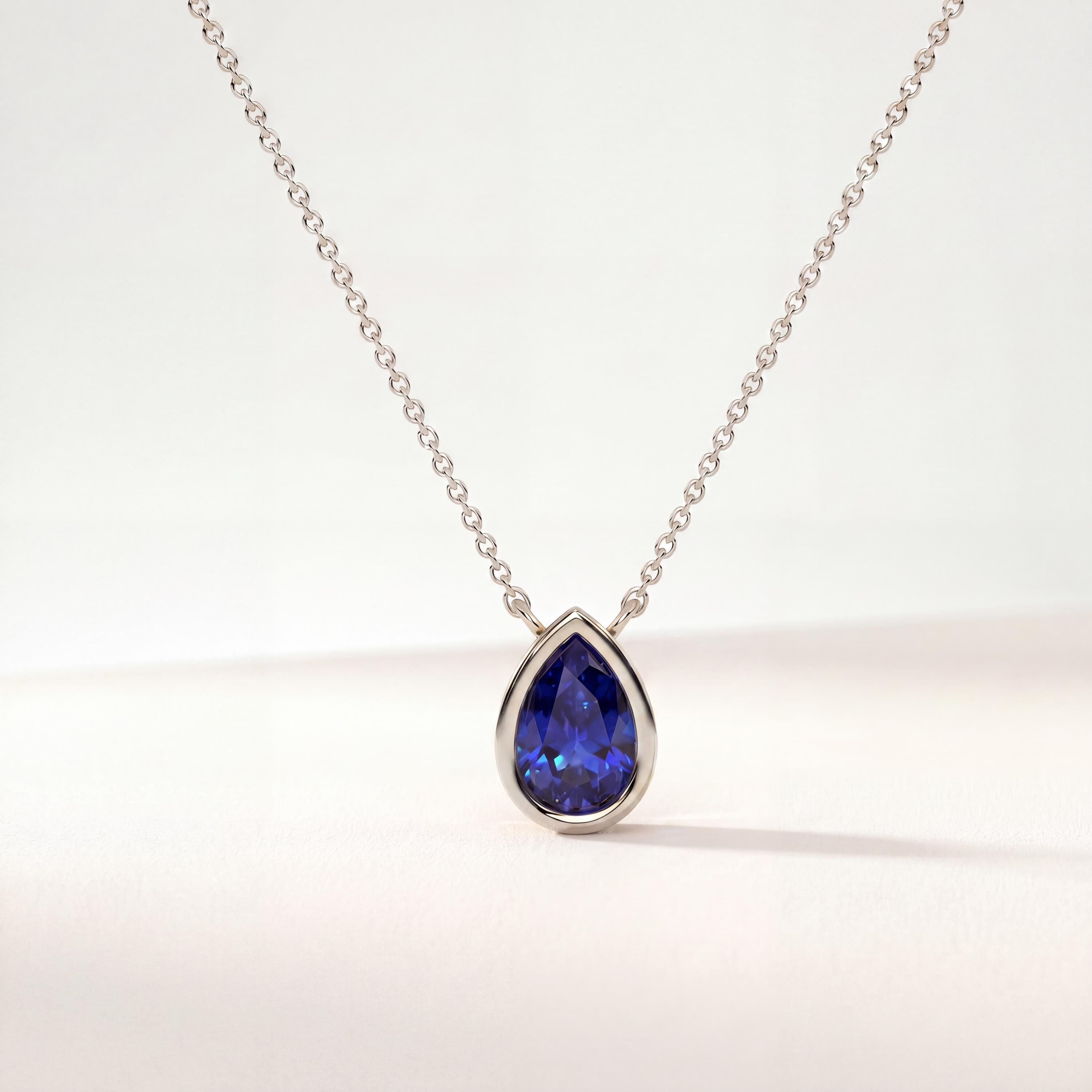 Pear Shape Sapphire Bezel Set Dainty Solitaire 14K Solid Gold Pendant Necklace