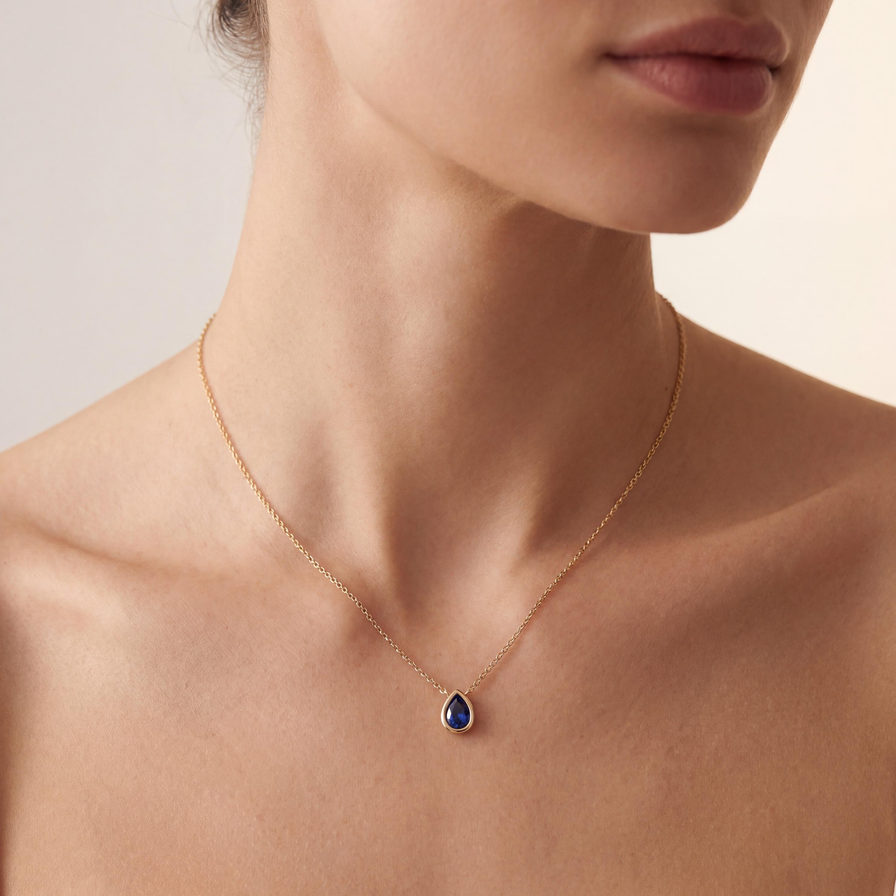 Pear Shape Sapphire Bezel Set Dainty Solitaire 14K Solid Gold Pendant Necklace