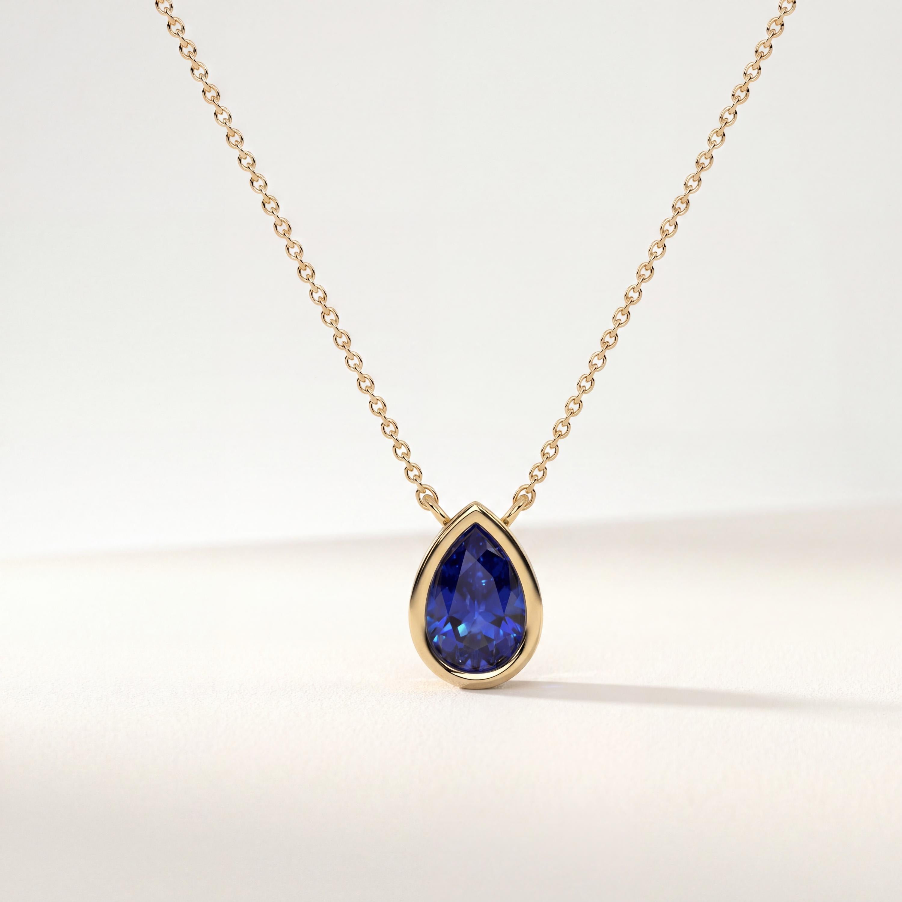 Pear Shape Sapphire Bezel Set Dainty Solitaire 14K Solid Gold Pendant Necklace