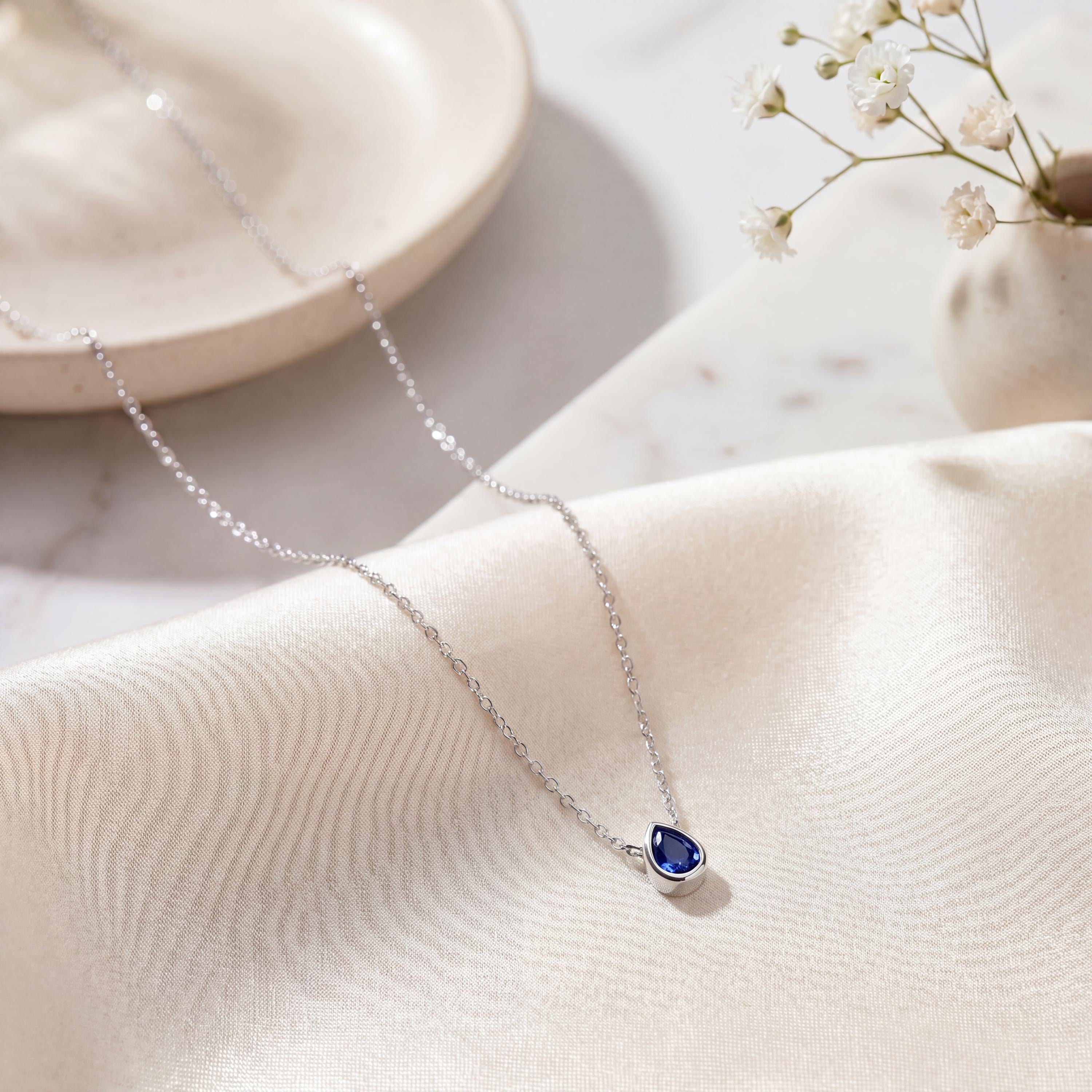Pear Shape Sapphire Bezel Set Dainty Solitaire 14K Solid Gold Pendant Necklace