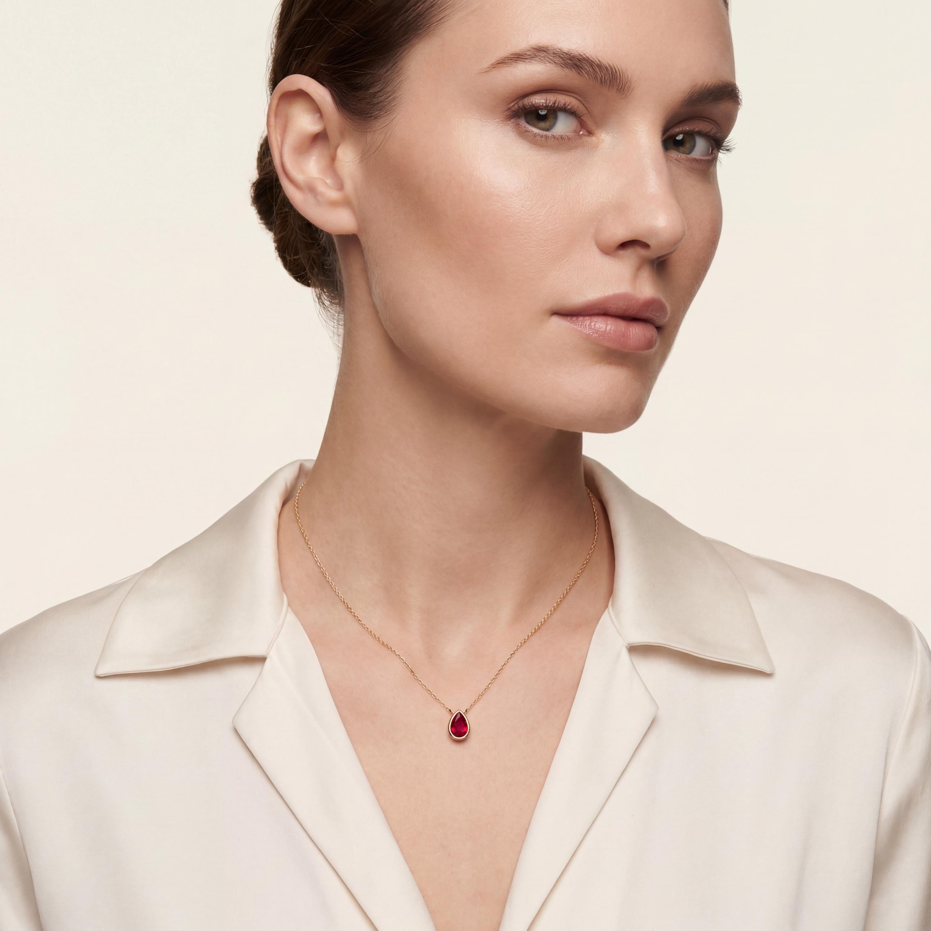 Pear Shape Ruby Bezel Set Dainty Solitaire 14K Solid Gold Pendant Necklace