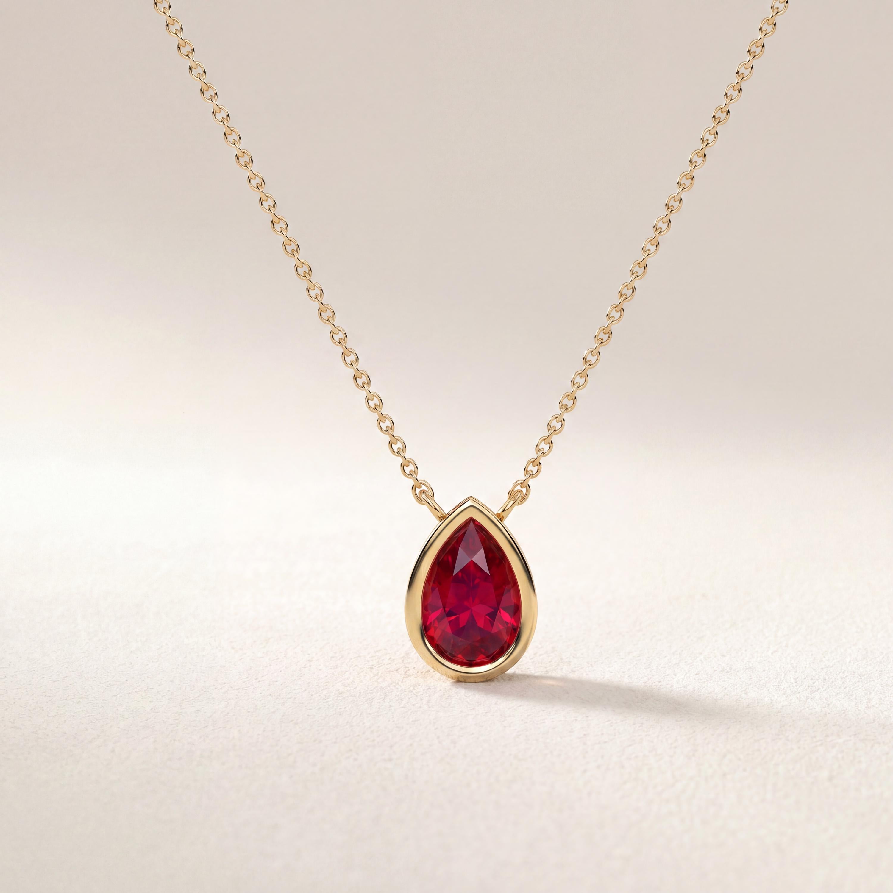 Pear Shape Ruby Bezel Set Dainty Solitaire 14K Solid Gold Pendant Necklace