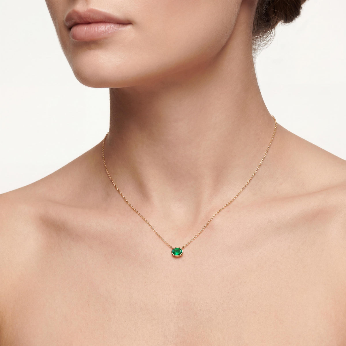 Oval Cut Emerald Bezel Set Dainty Solitaire 14K Solid Gold Pendant Necklace