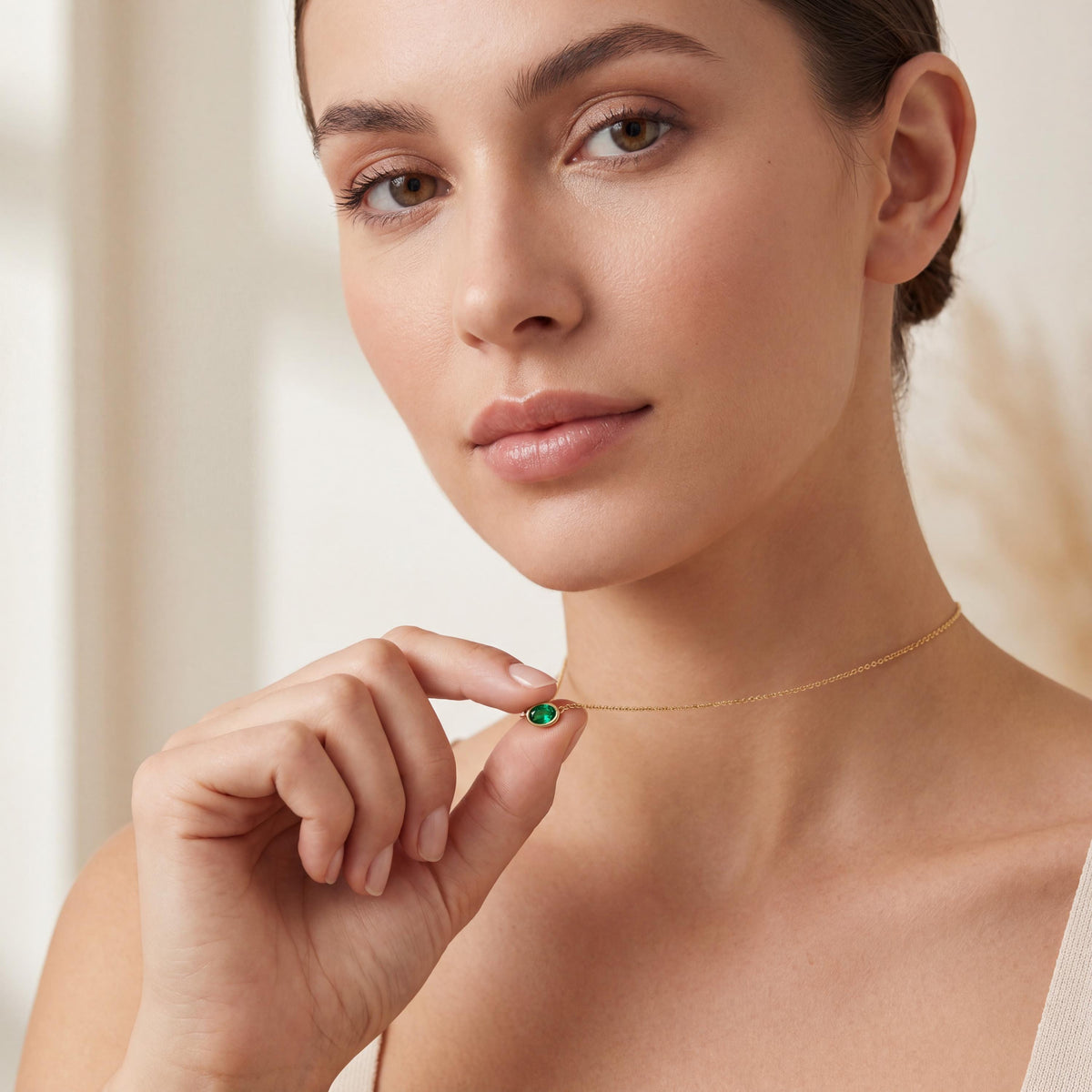 Oval Cut Emerald Bezel Set Dainty Solitaire 14K Solid Gold Pendant Necklace