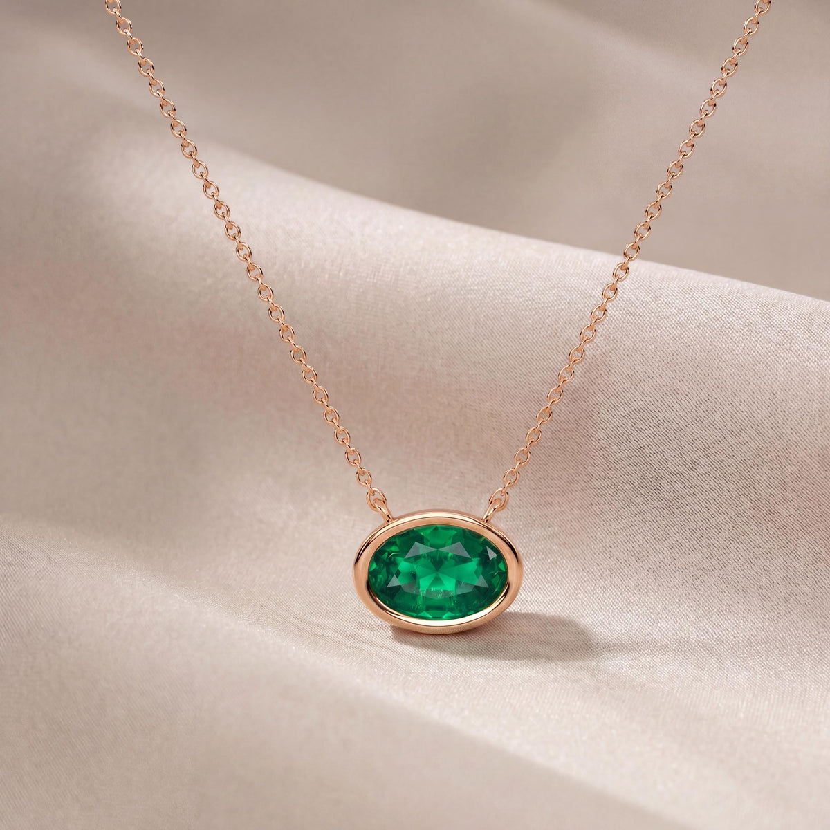 Oval Cut Emerald Bezel Set Dainty Solitaire 14K Solid Gold Pendant Necklace