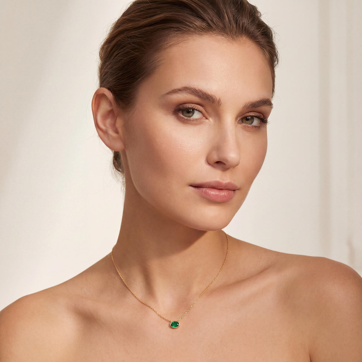Oval Cut Emerald Bezel Set Dainty Solitaire 14K Solid Gold Pendant Necklace
