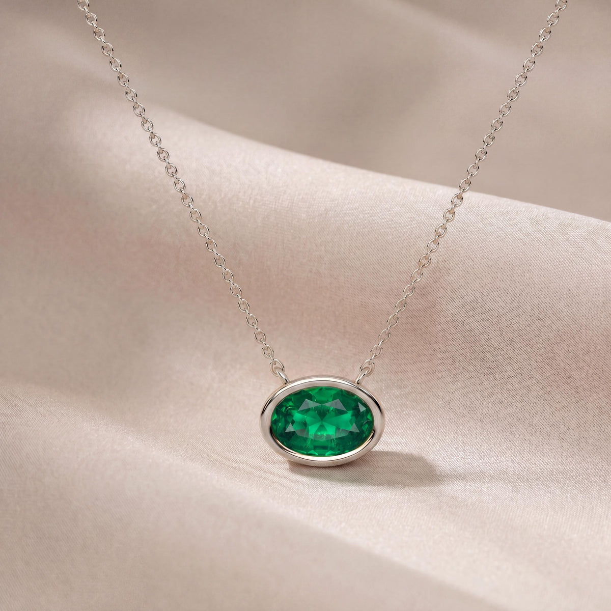 Oval Cut Emerald Bezel Set Dainty Solitaire 14K Solid Gold Pendant Necklace