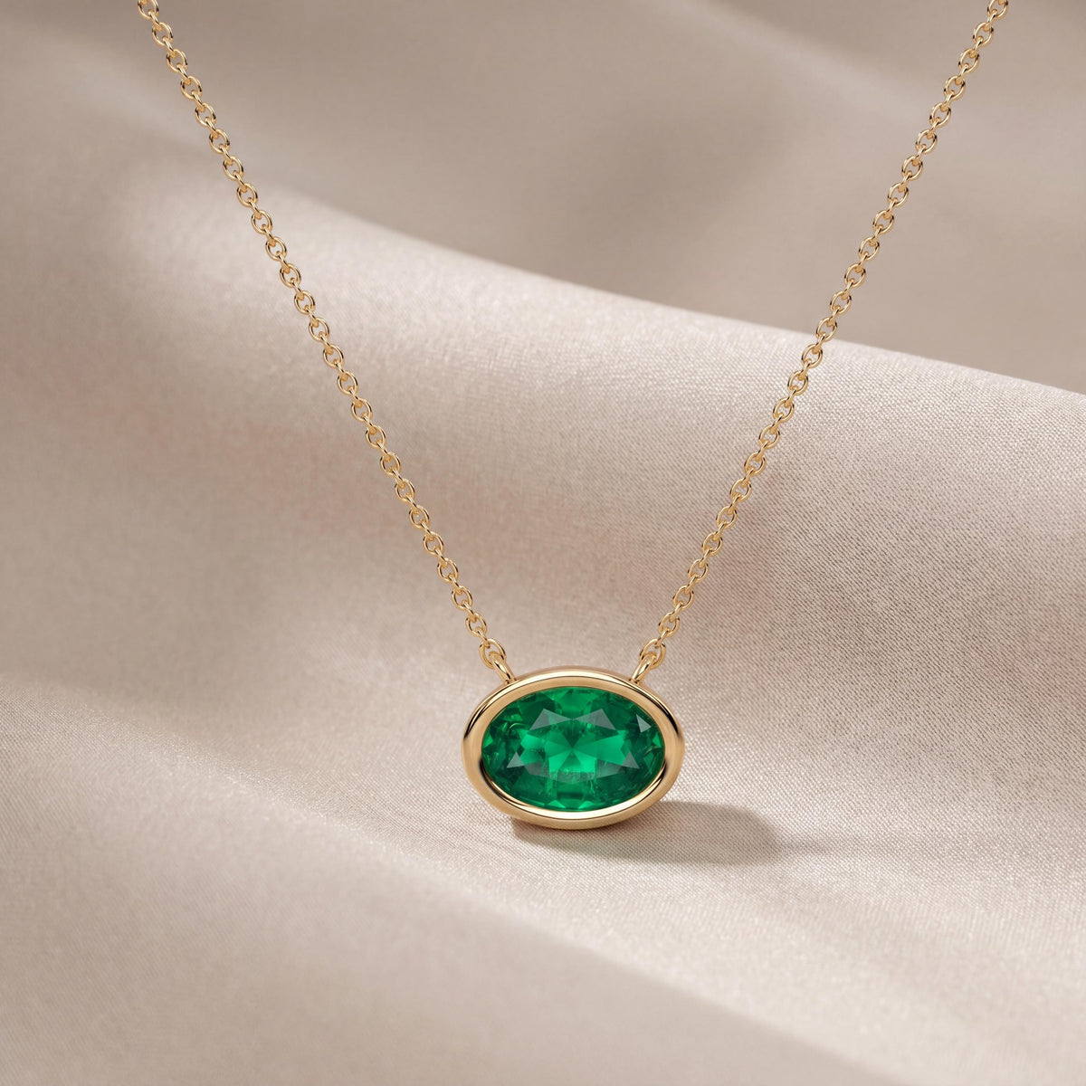 Oval Cut Emerald Bezel Set Dainty Solitaire 14K Solid Gold Pendant Necklace
