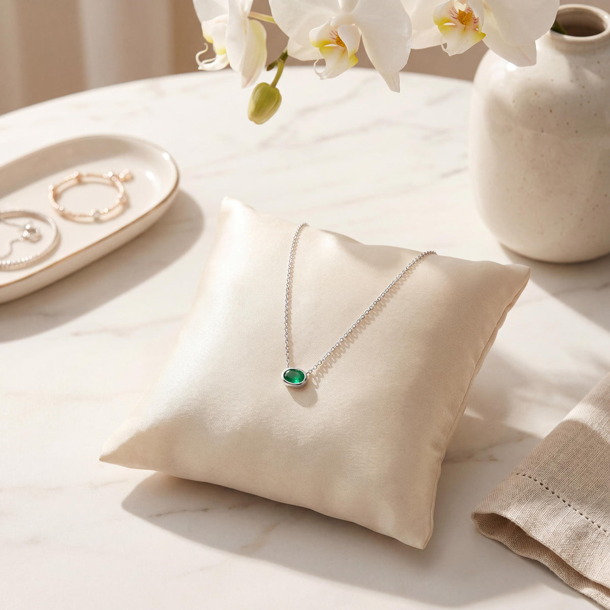 Oval Cut Emerald Bezel Set Dainty Solitaire 14K Solid Gold Pendant Necklace