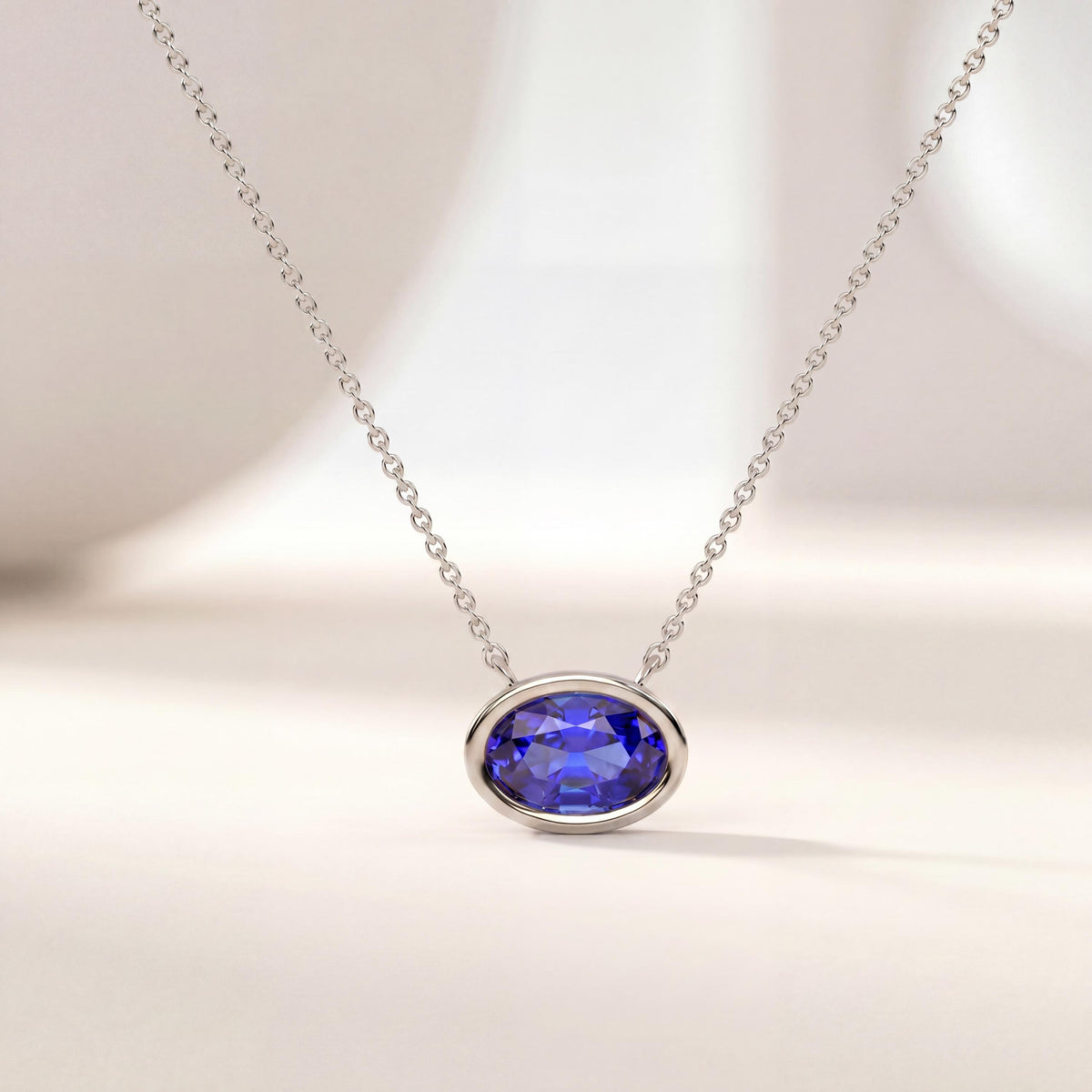 Oval Cut Sapphire Bezel Set Dainty Solitaire 14K Solid Gold Pendant Necklace