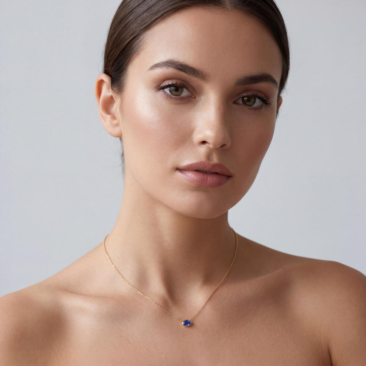 Oval Cut Sapphire Bezel Set Dainty Solitaire 14K Solid Gold Pendant Necklace