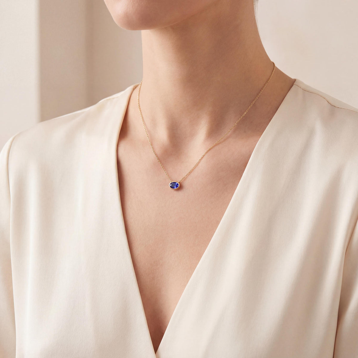 Oval Cut Sapphire Bezel Set Dainty Solitaire 14K Solid Gold Pendant Necklace