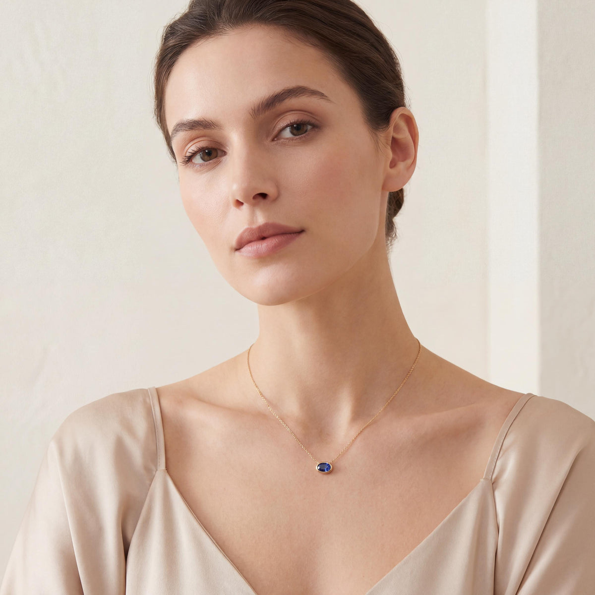 Oval Cut Sapphire Bezel Set Dainty Solitaire 14K Solid Gold Pendant Necklace