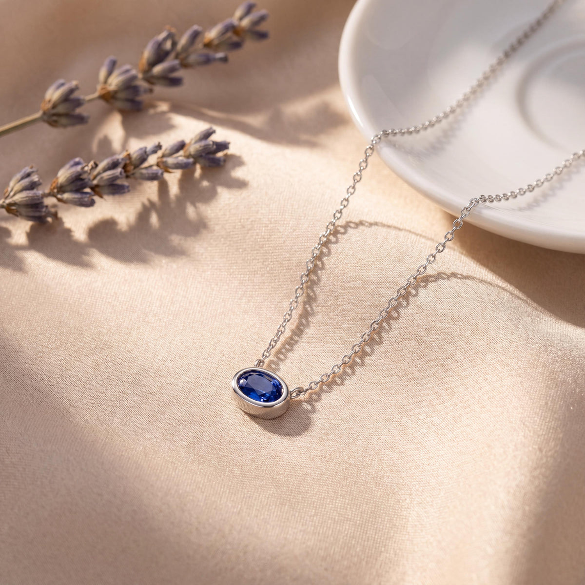 Oval Cut Sapphire Bezel Set Dainty Solitaire 14K Solid Gold Pendant Necklace