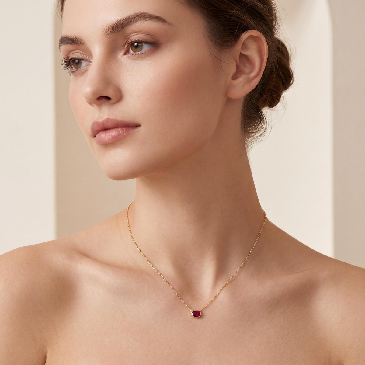 Oval Cut Ruby Bezel Set Dainty Solitaire 14K Solid Gold Pendant Necklace