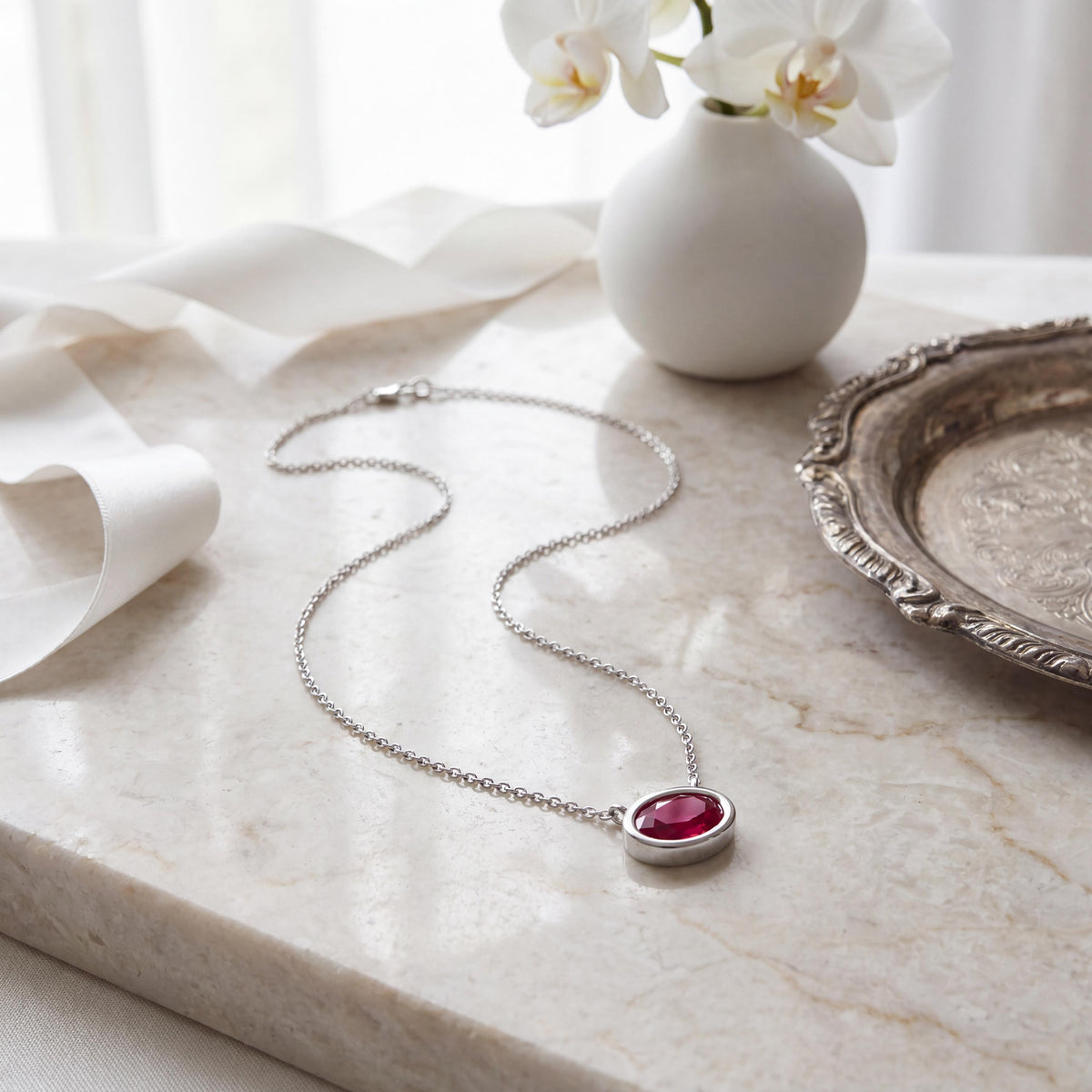 Oval Cut Ruby Bezel Set Dainty Solitaire 14K Solid Gold Pendant Necklace