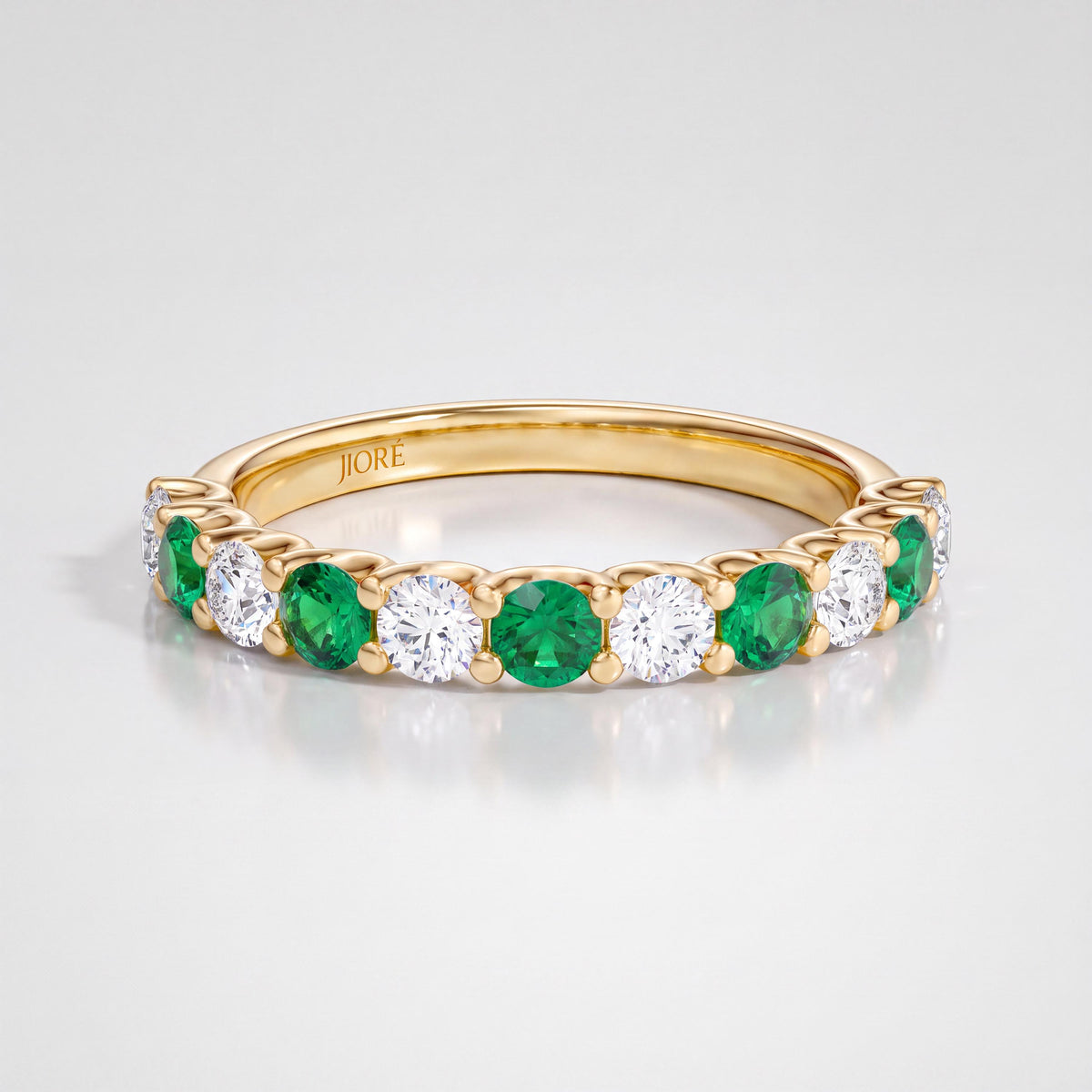 Round Emerald & Diamond Half Way Eternity Wedding Band Ring 14K Solid Gold Scallop Set