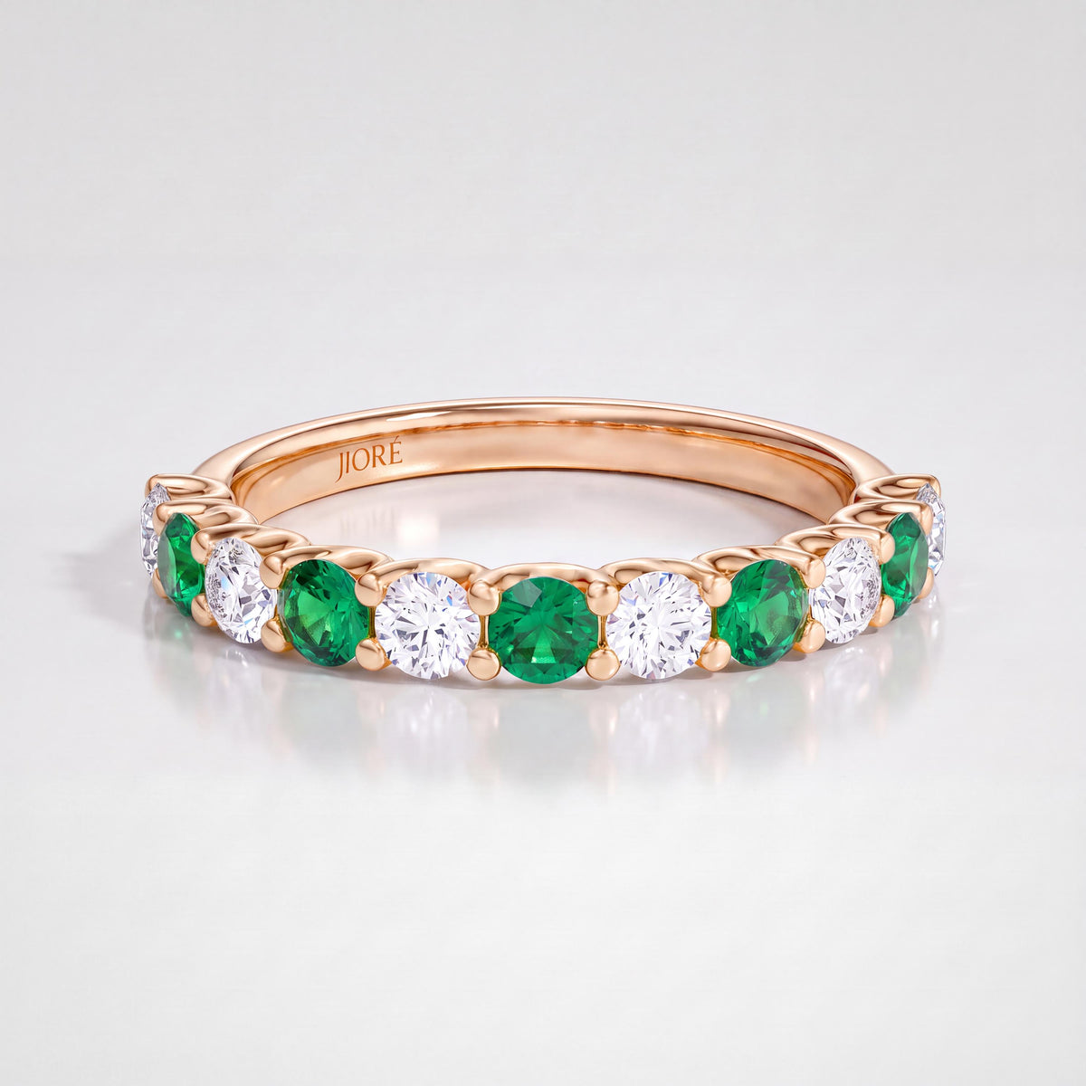 Round Emerald & Diamond Half Way Eternity Wedding Band Ring 14K Solid Gold Scallop Set