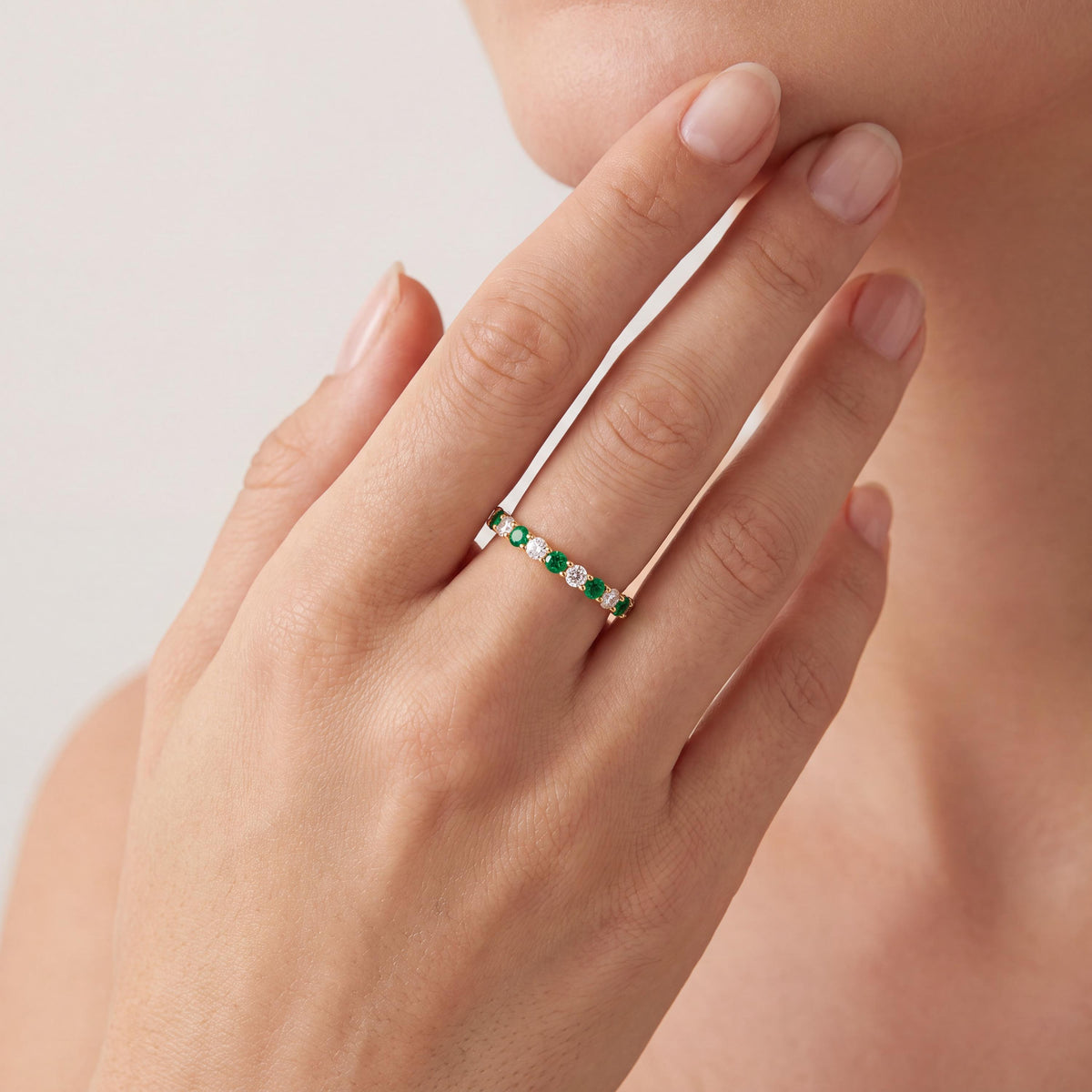 Round Emerald & Diamond Half Way Eternity Wedding Band Ring 14K Solid Gold Scallop Set